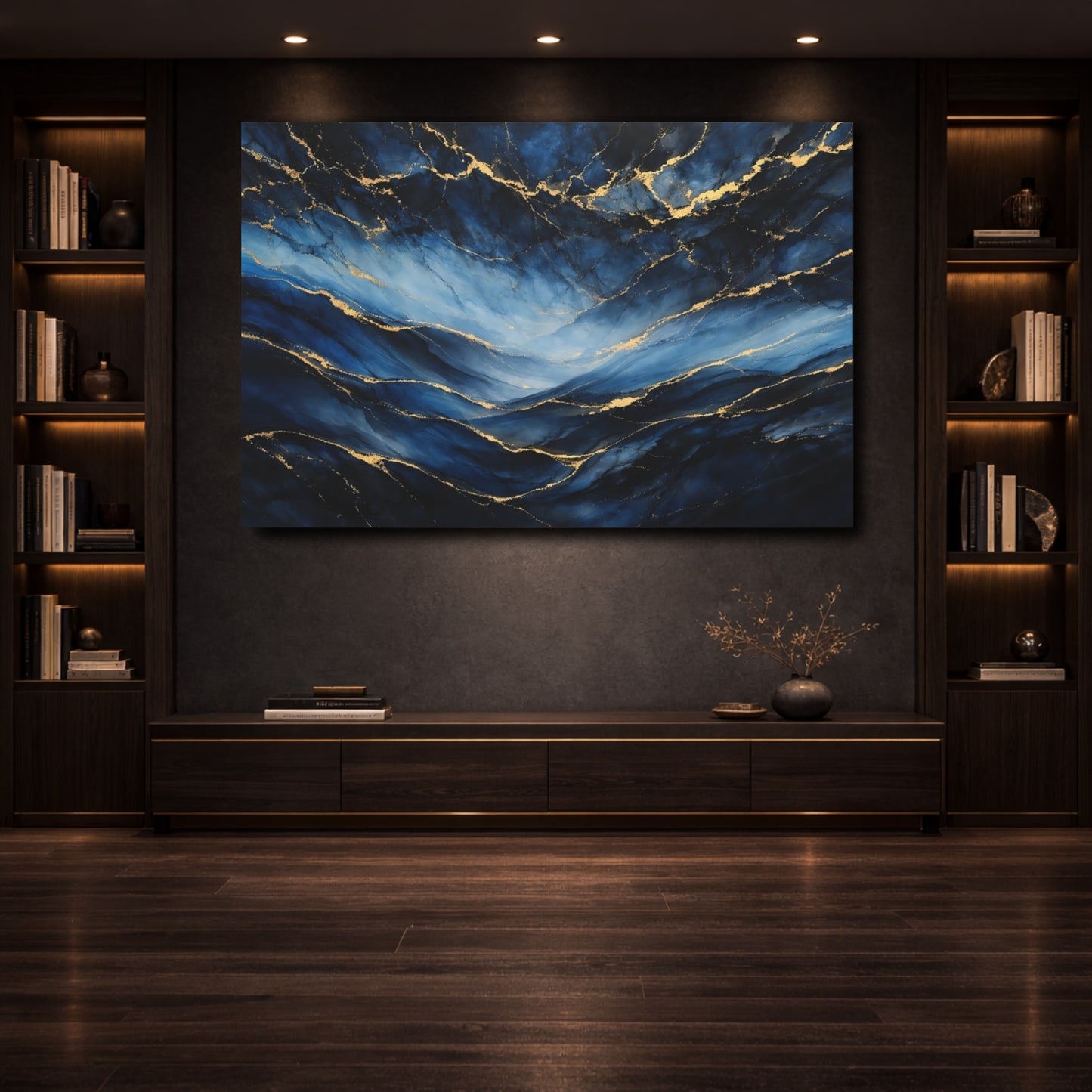 Mockup 3. Abstract Ink Flow Blue And Gold shown as stretched canvas wall art