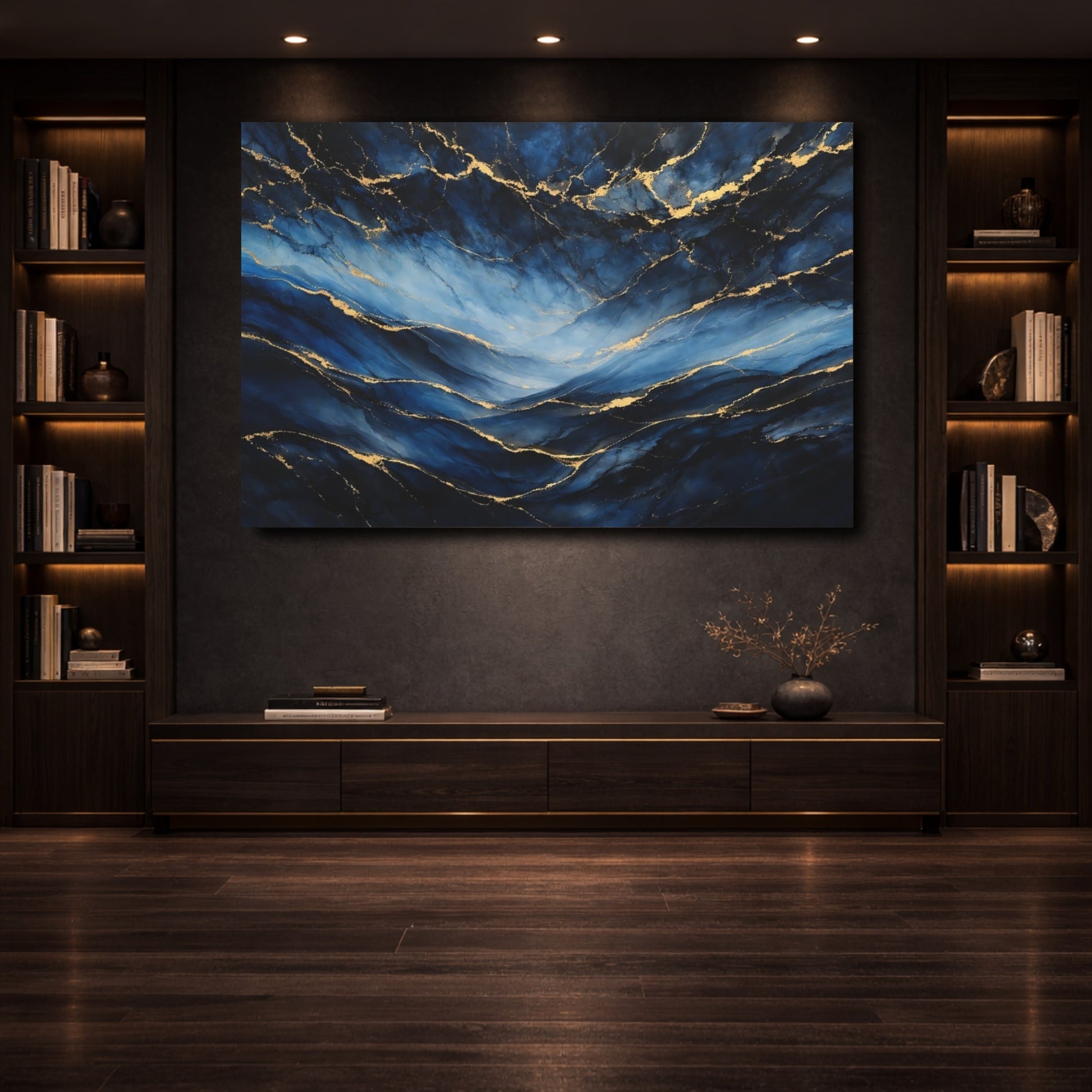 Mockup 3. Abstract Ink Flow Blue And Gold shown as stretched canvas wall art