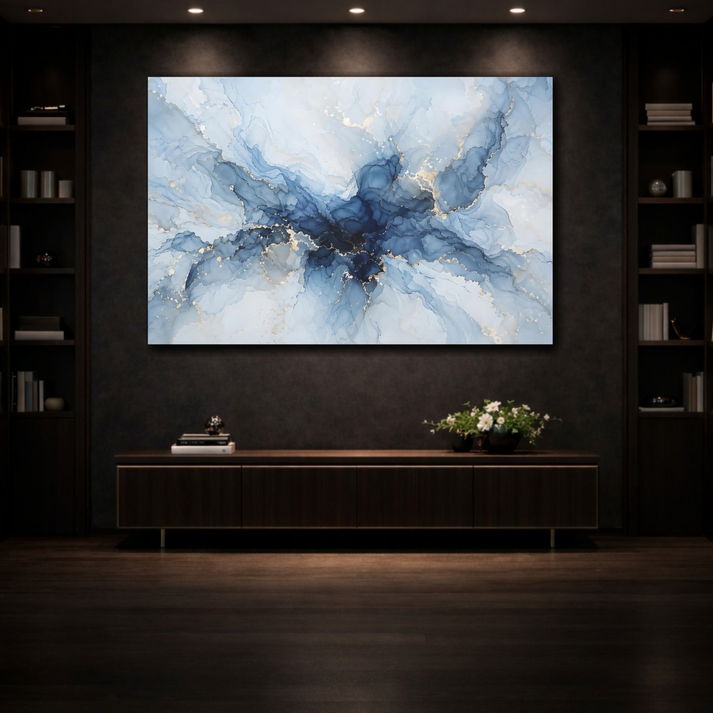 Mockup 3. Abstract Ink Flow Blue And Gold shown as stretched canvas wall art