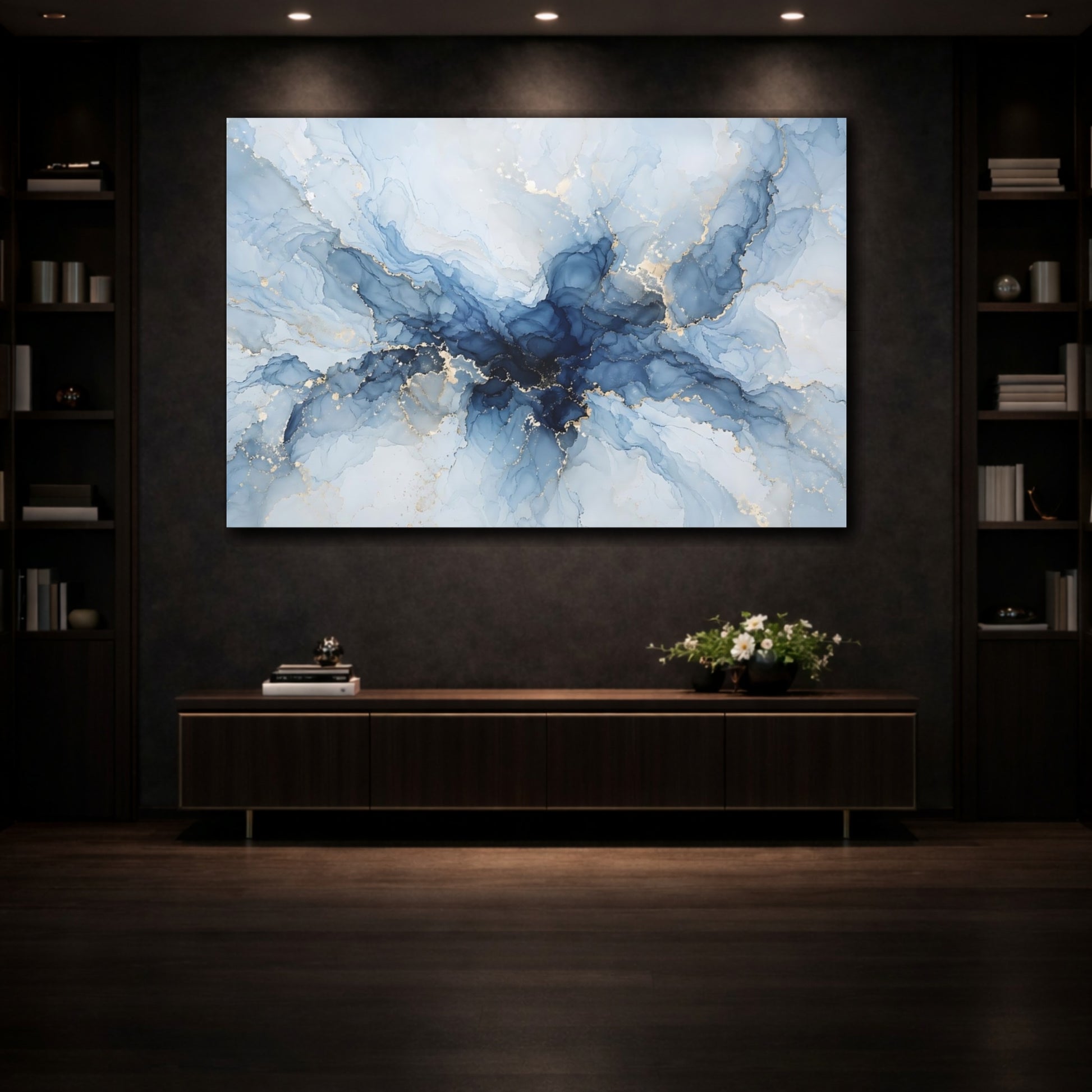 Mockup 3. Abstract Ink Flow Blue And Gold shown as stretched canvas wall art