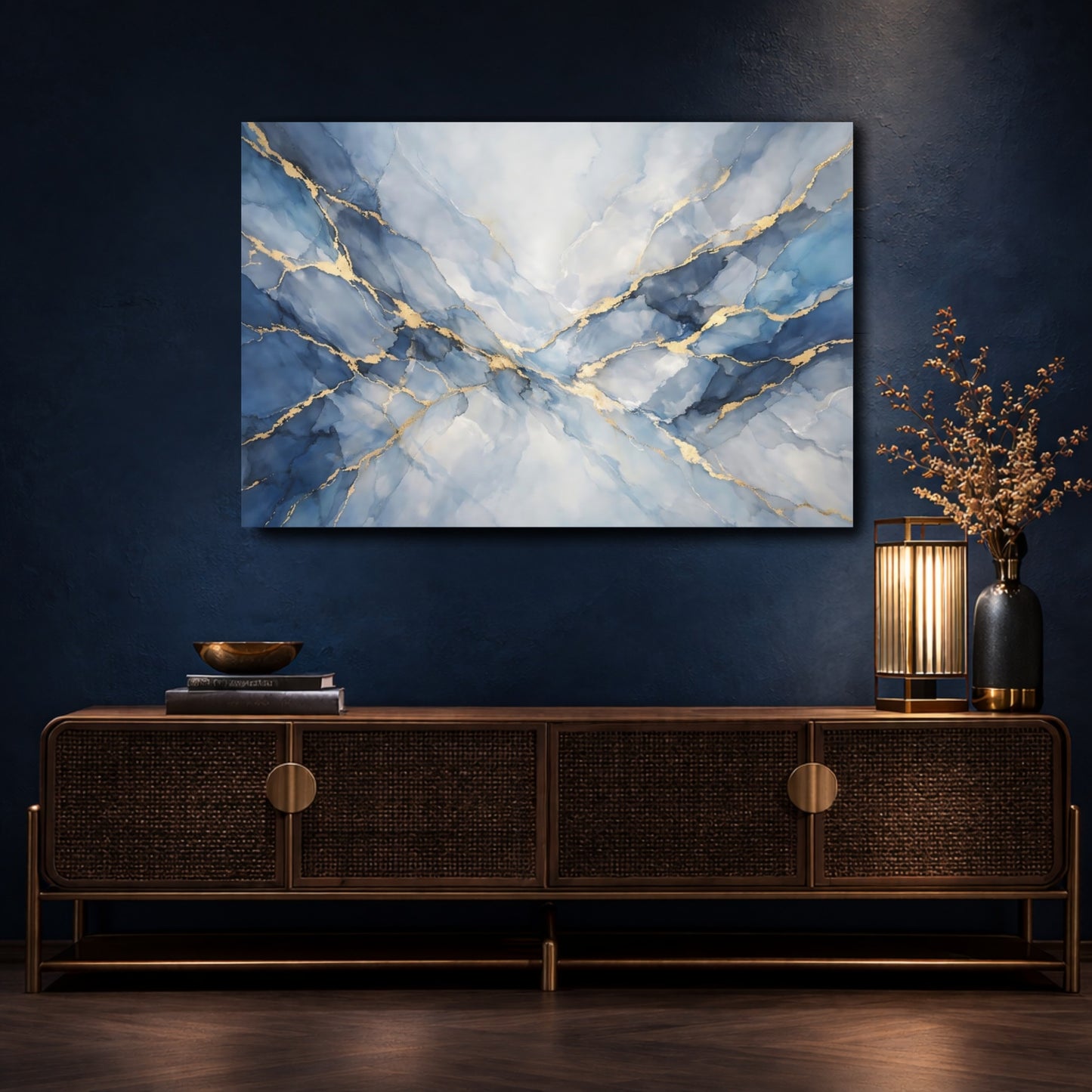 Mockup 4. Abstract Ink Flow Blue And Gold shown as stretched canvas wall art