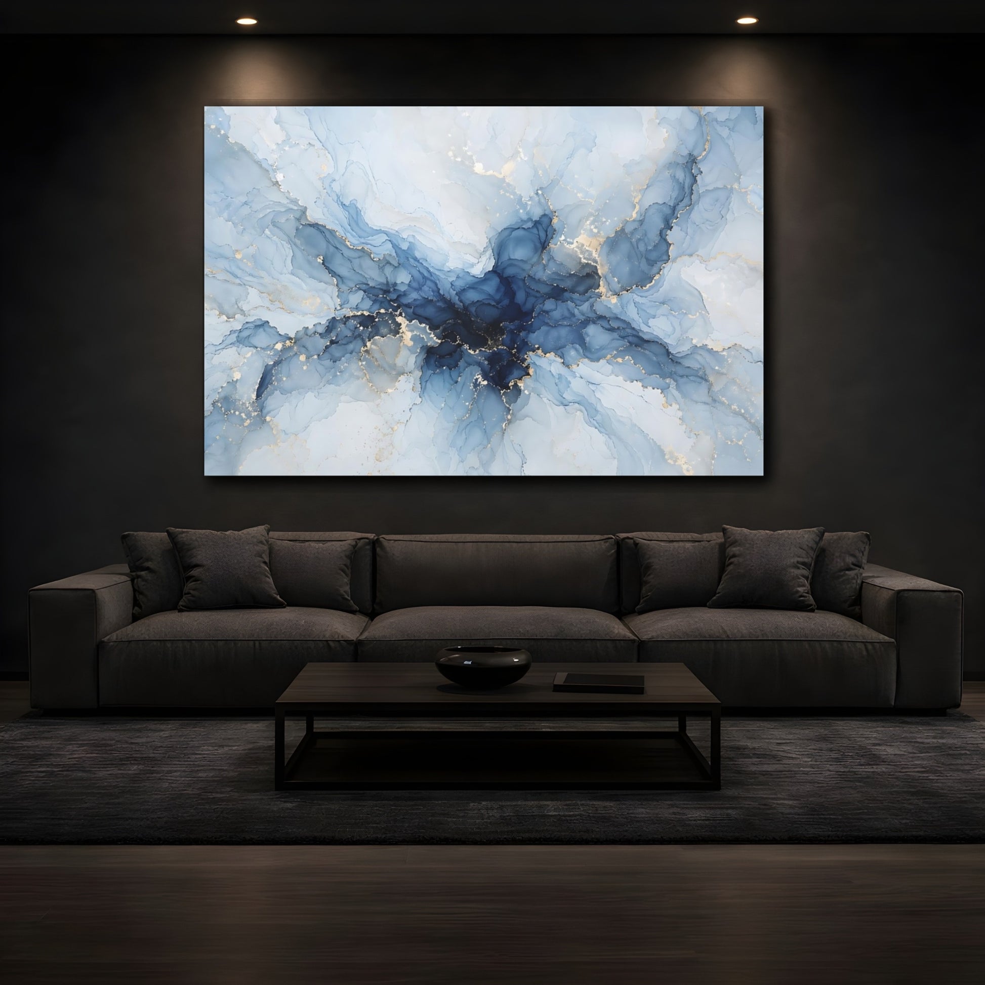 Mockup 4. Abstract Ink Flow Blue And Gold shown as stretched canvas wall art