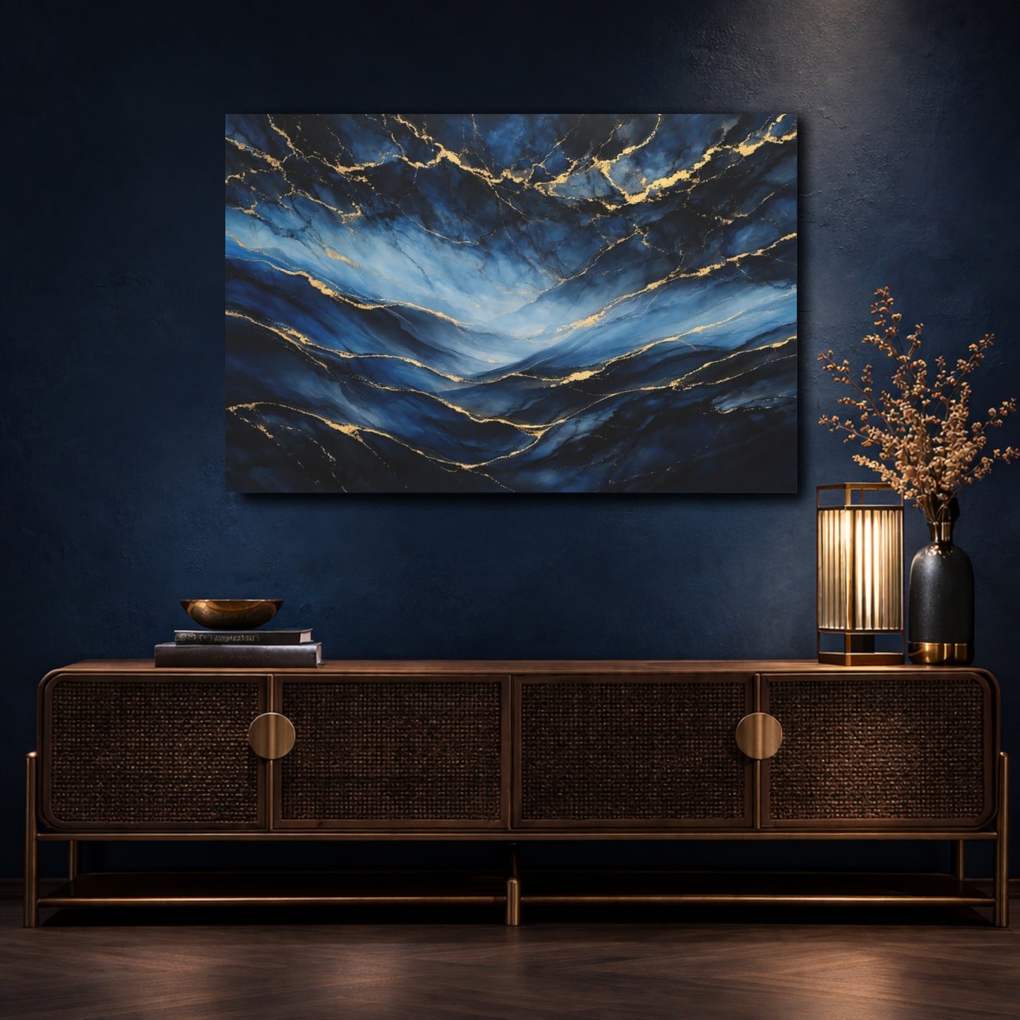 Mockup 4. Abstract Ink Flow Blue And Gold shown as stretched canvas wall art
