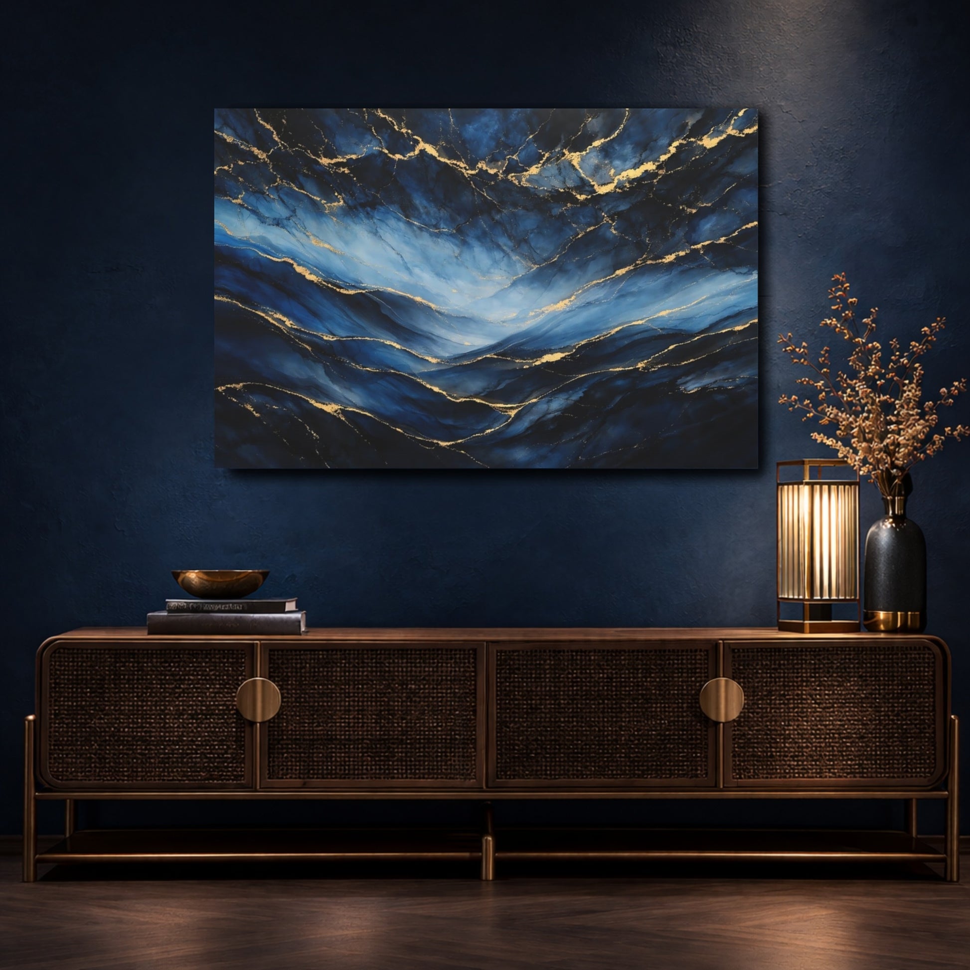 Mockup 4. Abstract Ink Flow Blue And Gold shown as stretched canvas wall art