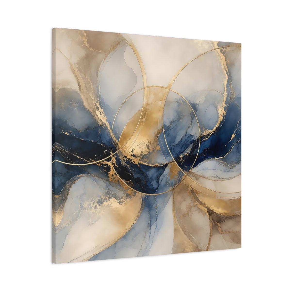 Main Mockup. Abstract Ink Flow Blue Gold Abstract shown as stretched canvas wall art