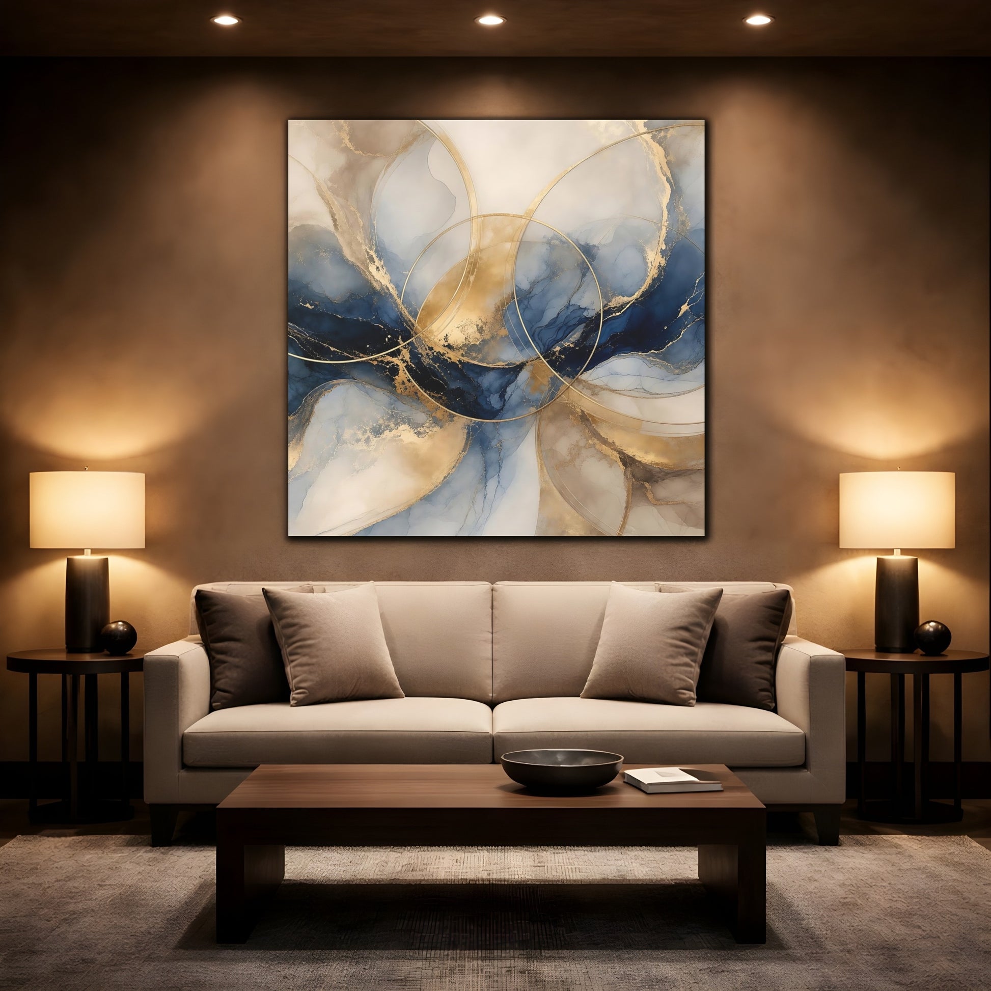 Mockup 2. Abstract Ink Flow Blue Gold Abstract shown as stretched canvas wall art