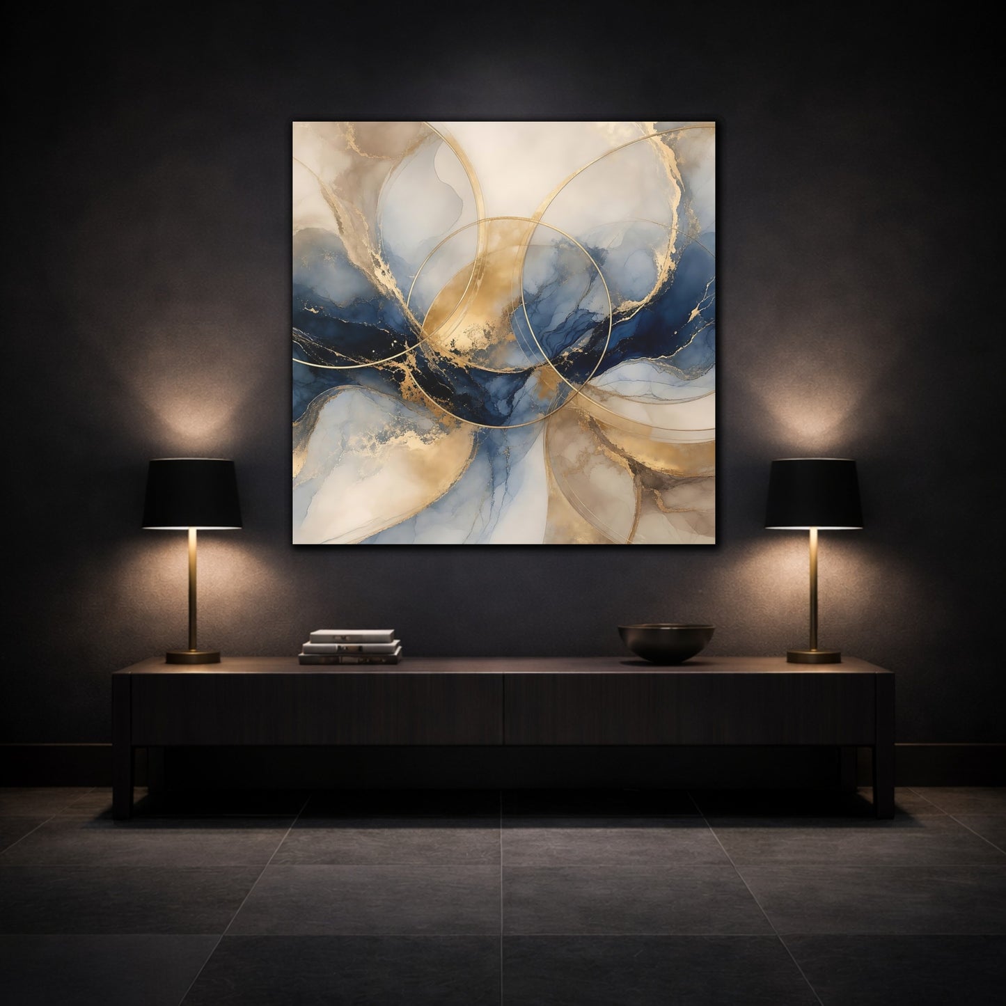 Mockup 3. Abstract Ink Flow Blue Gold Abstract shown as stretched canvas wall art