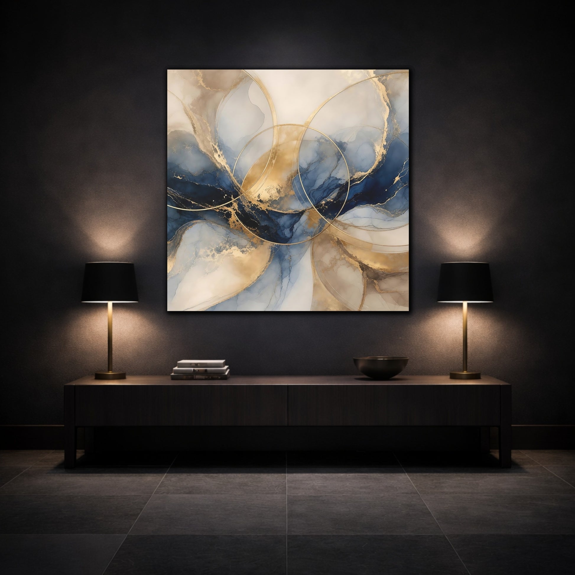 Mockup 3. Abstract Ink Flow Blue Gold Abstract shown as stretched canvas wall art