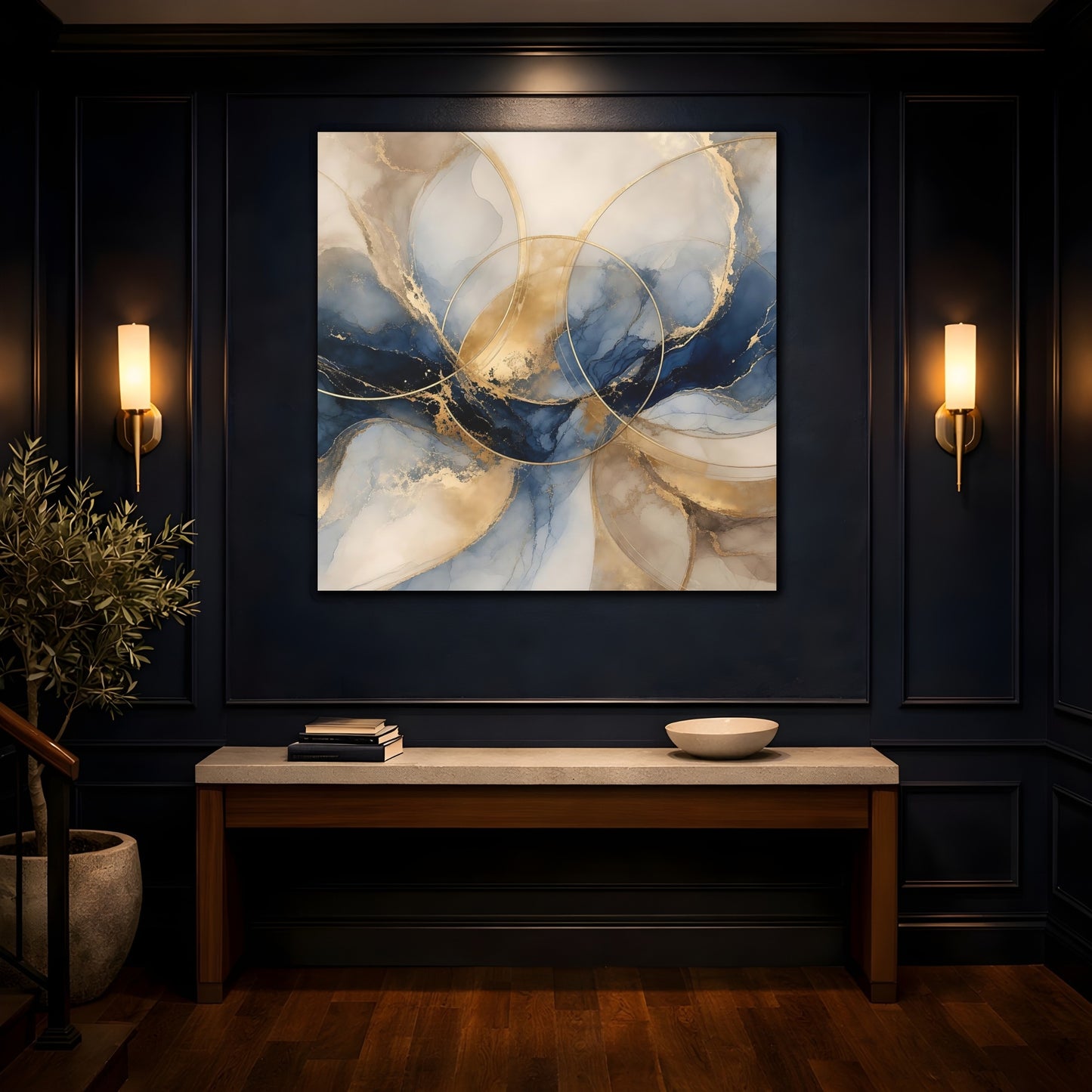 Mockup 4. Abstract Ink Flow Blue Gold Abstract shown as stretched canvas wall art
