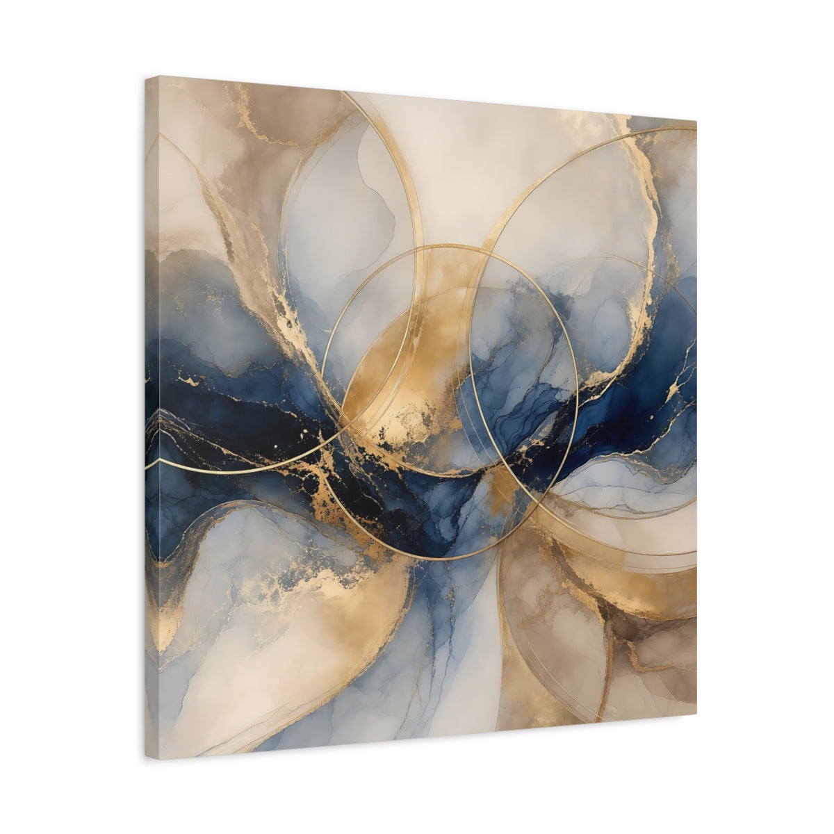 Side Mockup 4. Abstract Ink Flow Blue Gold Abstract shown as stretched canvas wall art
