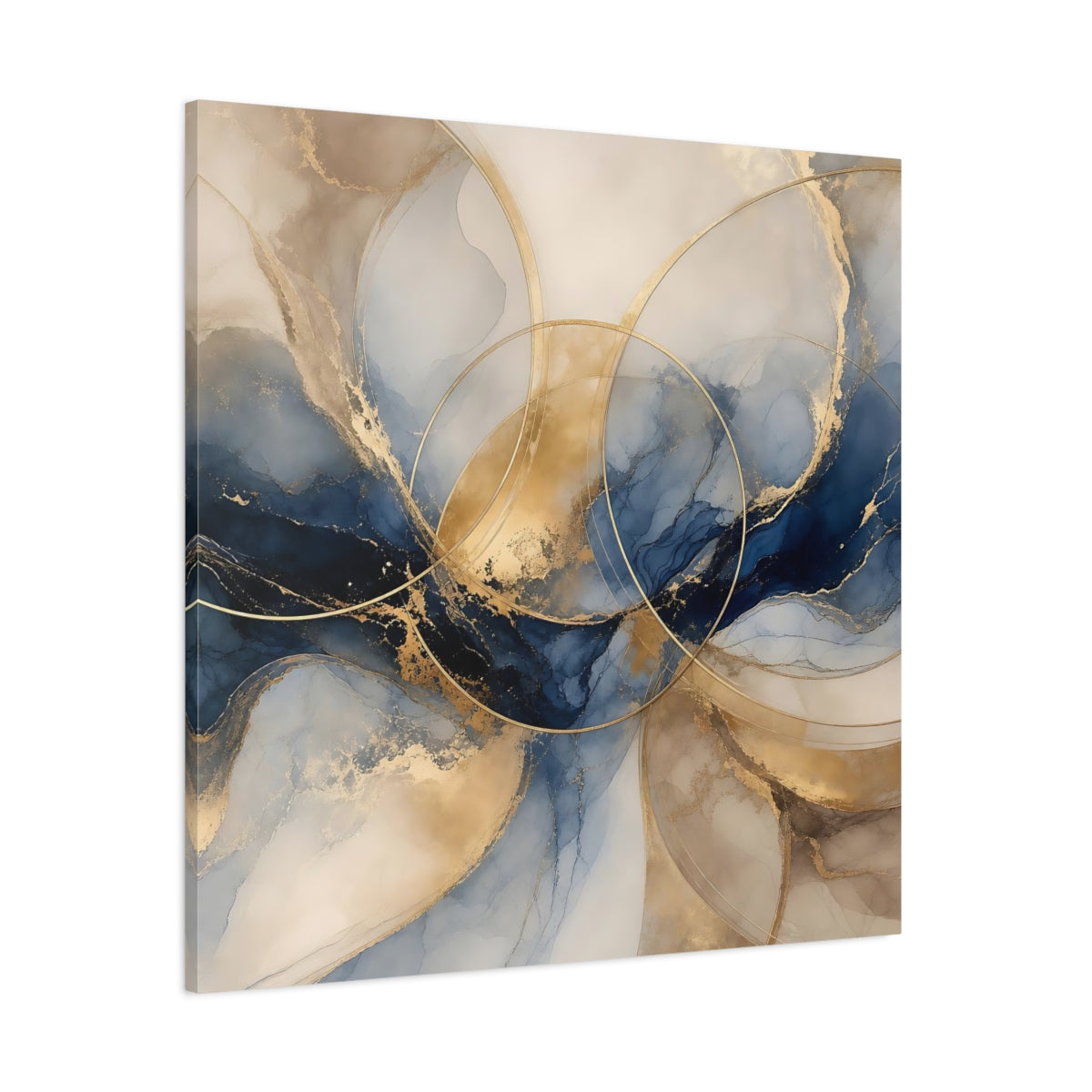 Side Mockup 1. Abstract Ink Flow Blue Gold Abstract shown as stretched canvas wall art