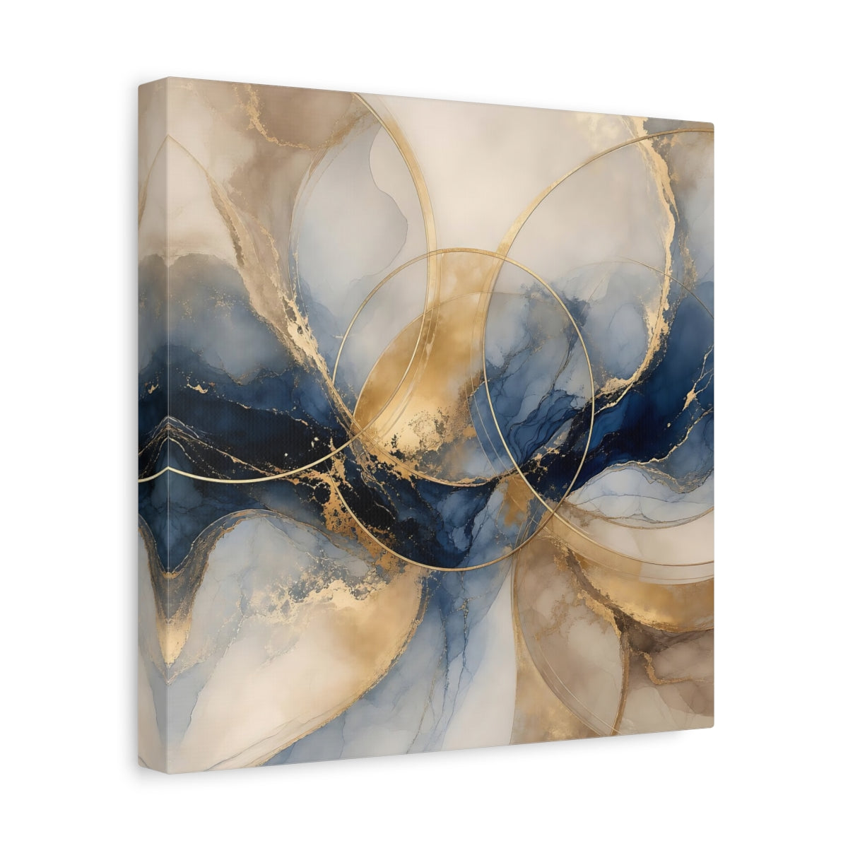 Side Mockup 8. Abstract Ink Flow Blue Gold Abstract shown as stretched canvas wall art