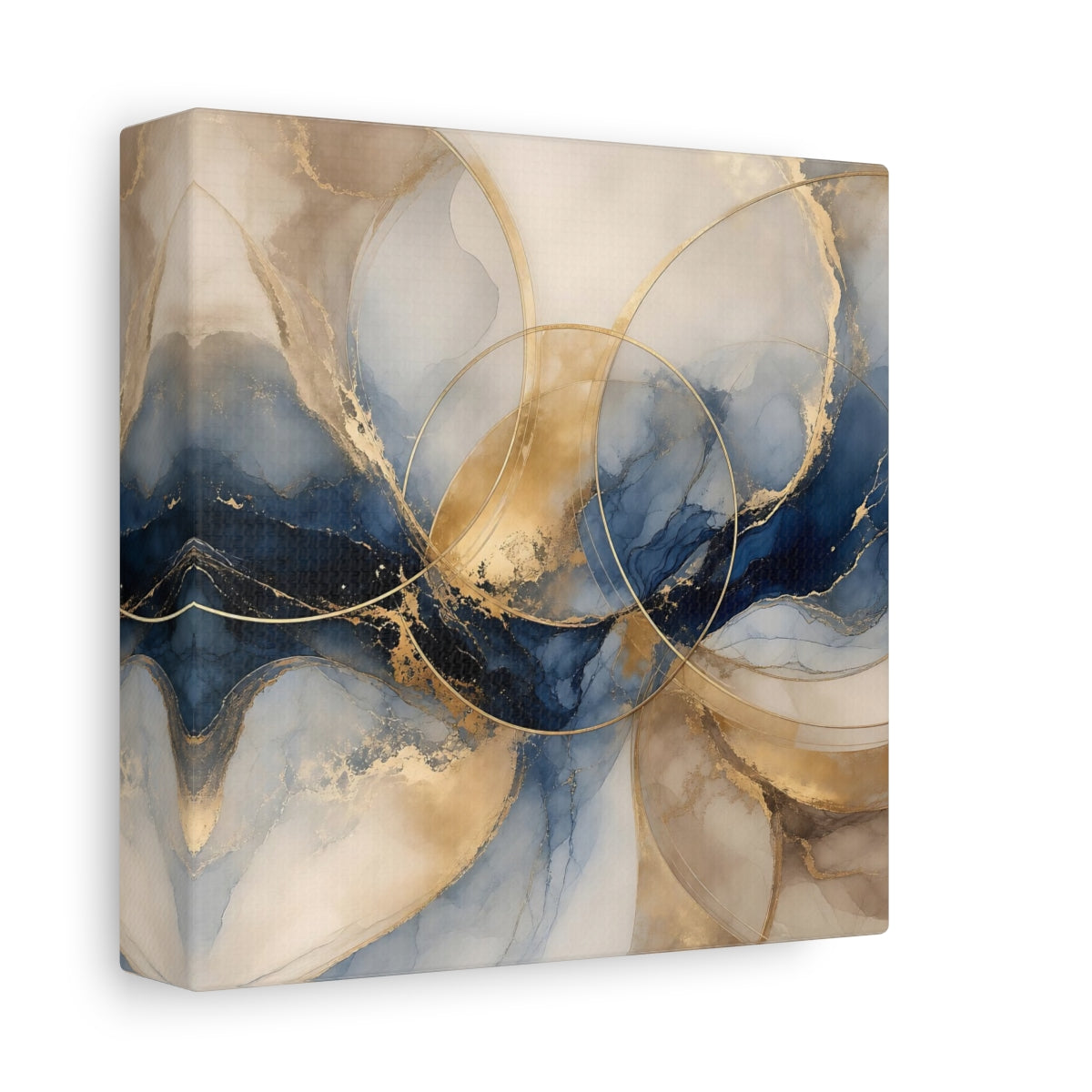 Side Mockup 2. Abstract Ink Flow Blue Gold Abstract shown as stretched canvas wall art