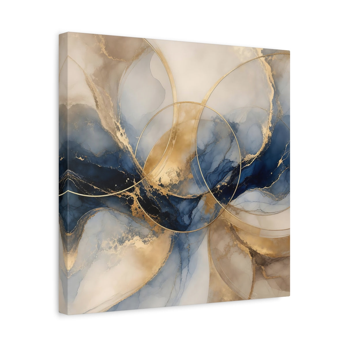 Side Mockup 6. Abstract Ink Flow Blue Gold Abstract shown as stretched canvas wall art