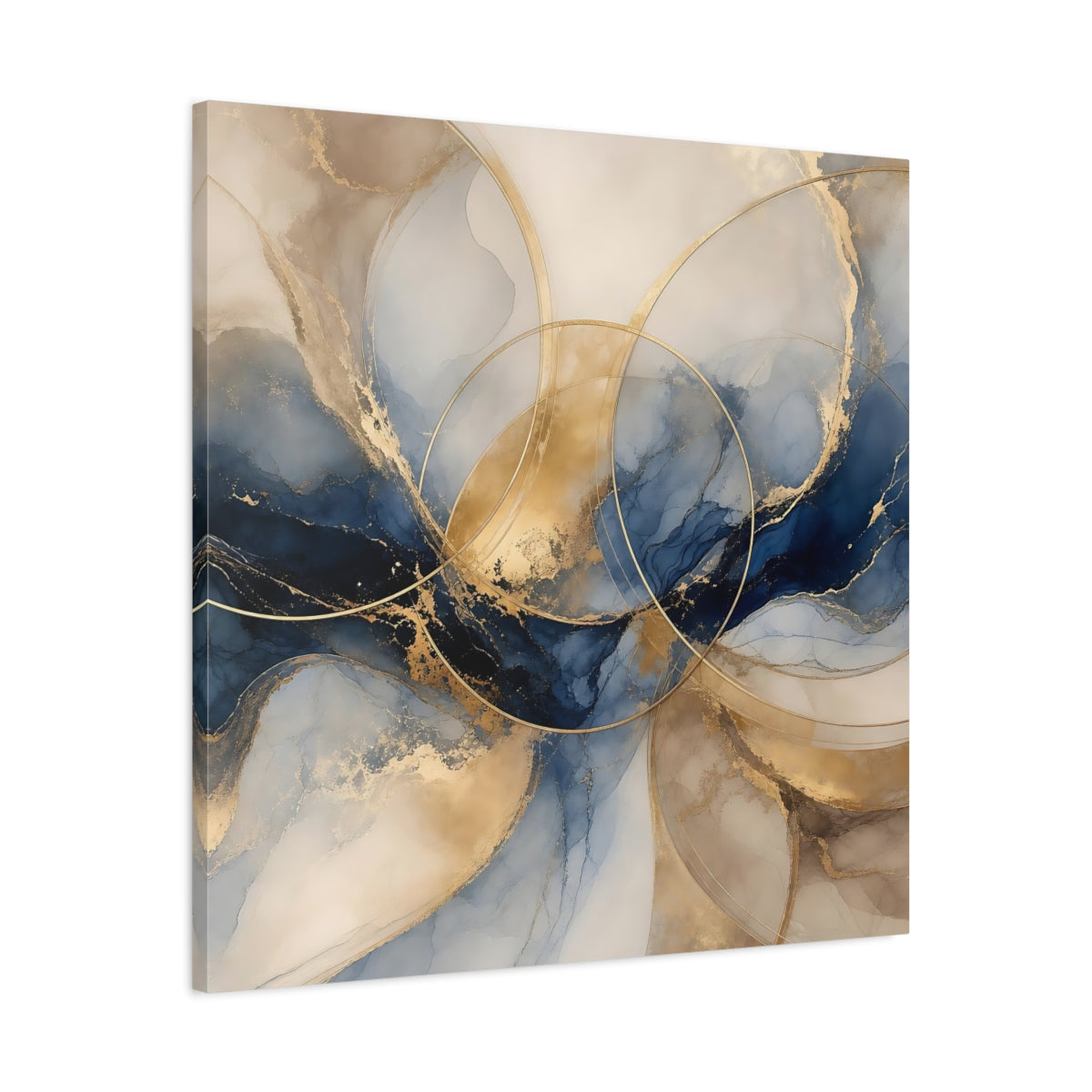 Side Mockup 3. Abstract Ink Flow Blue Gold Abstract shown as stretched canvas wall art