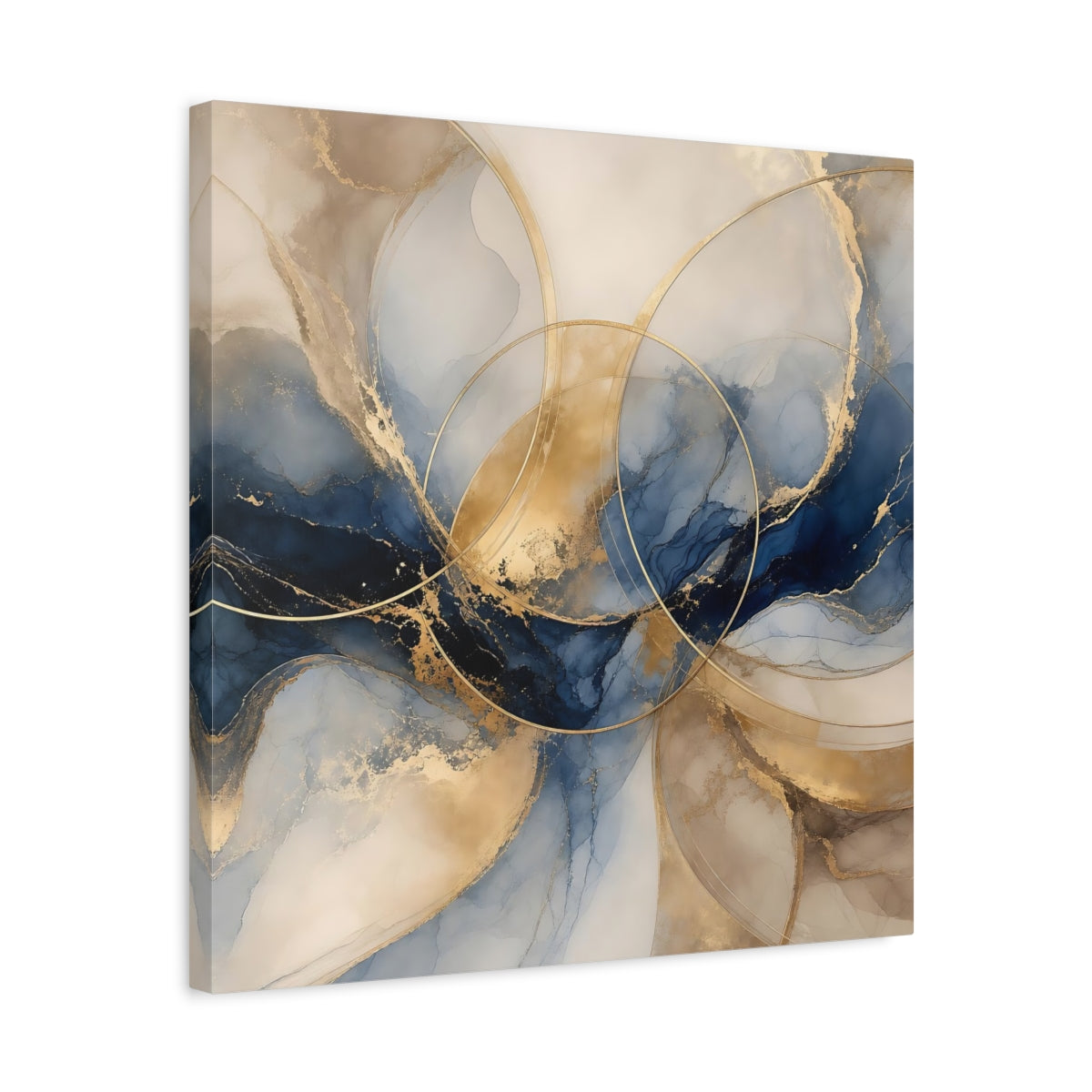 Side Mockup 5. Abstract Ink Flow Blue Gold Abstract shown as stretched canvas wall art