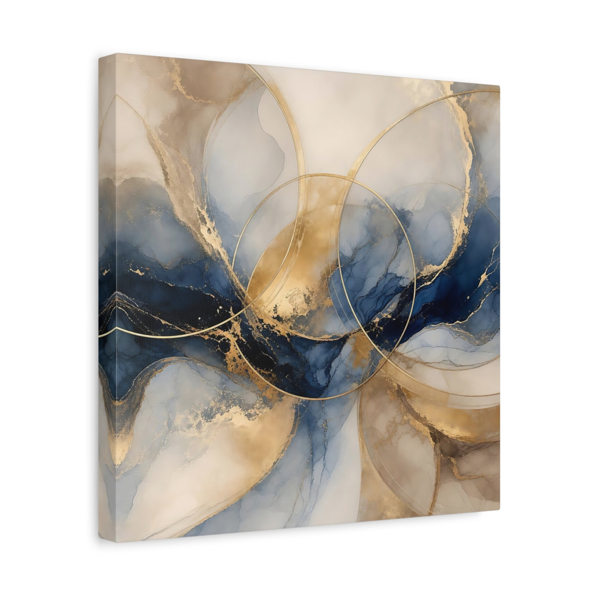 Side Mockup 7. Abstract Ink Flow Blue Gold Abstract shown as stretched canvas wall art