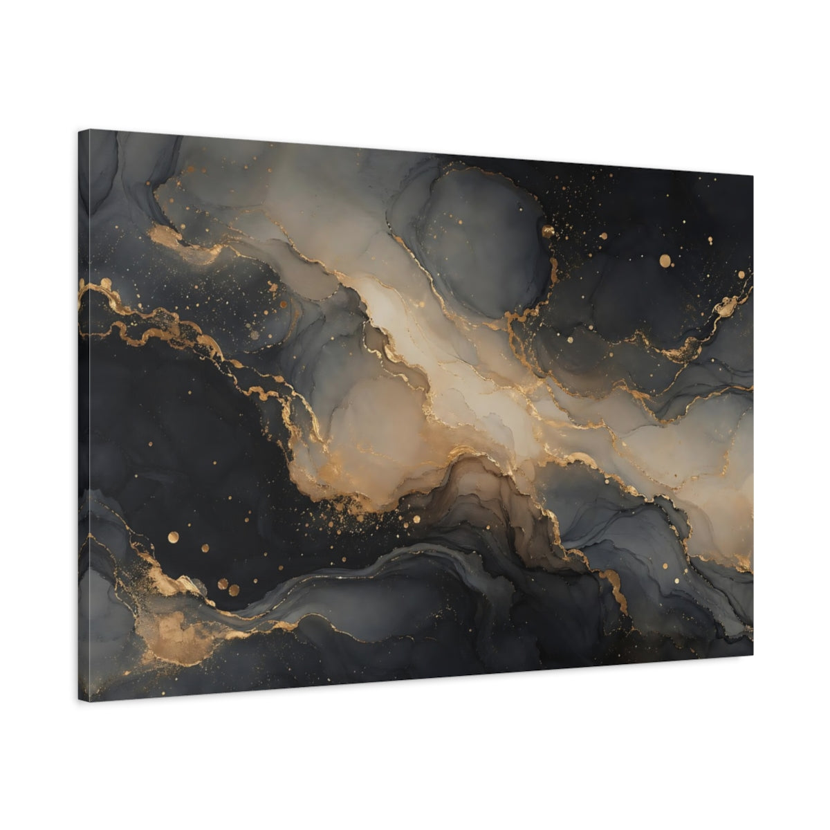 Main Mockup. Abstract Ink Flow Dark Gold Abstract shown as stretched canvas wall art