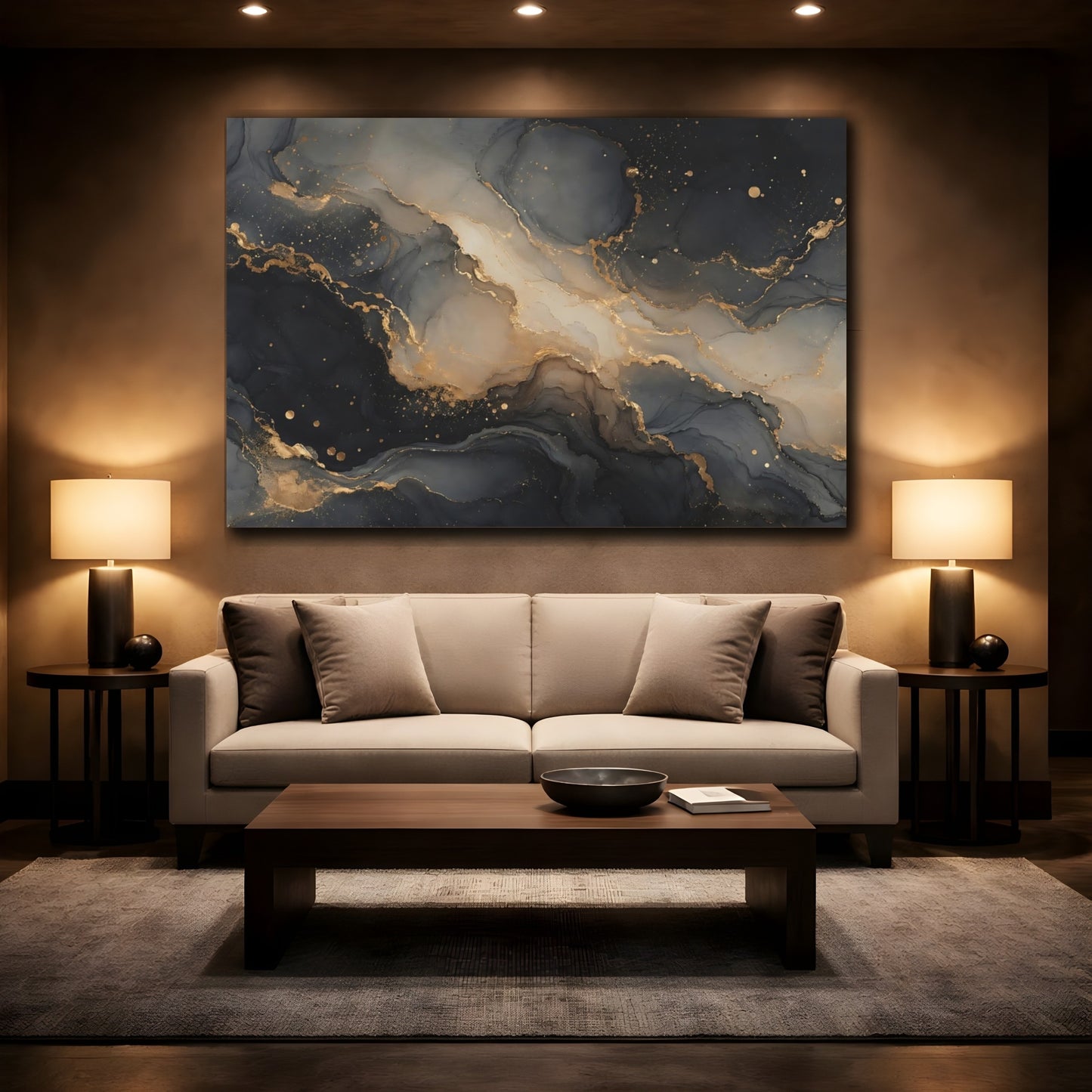 Mockup 2. Abstract Ink Flow Dark Gold Abstract shown as stretched canvas wall art