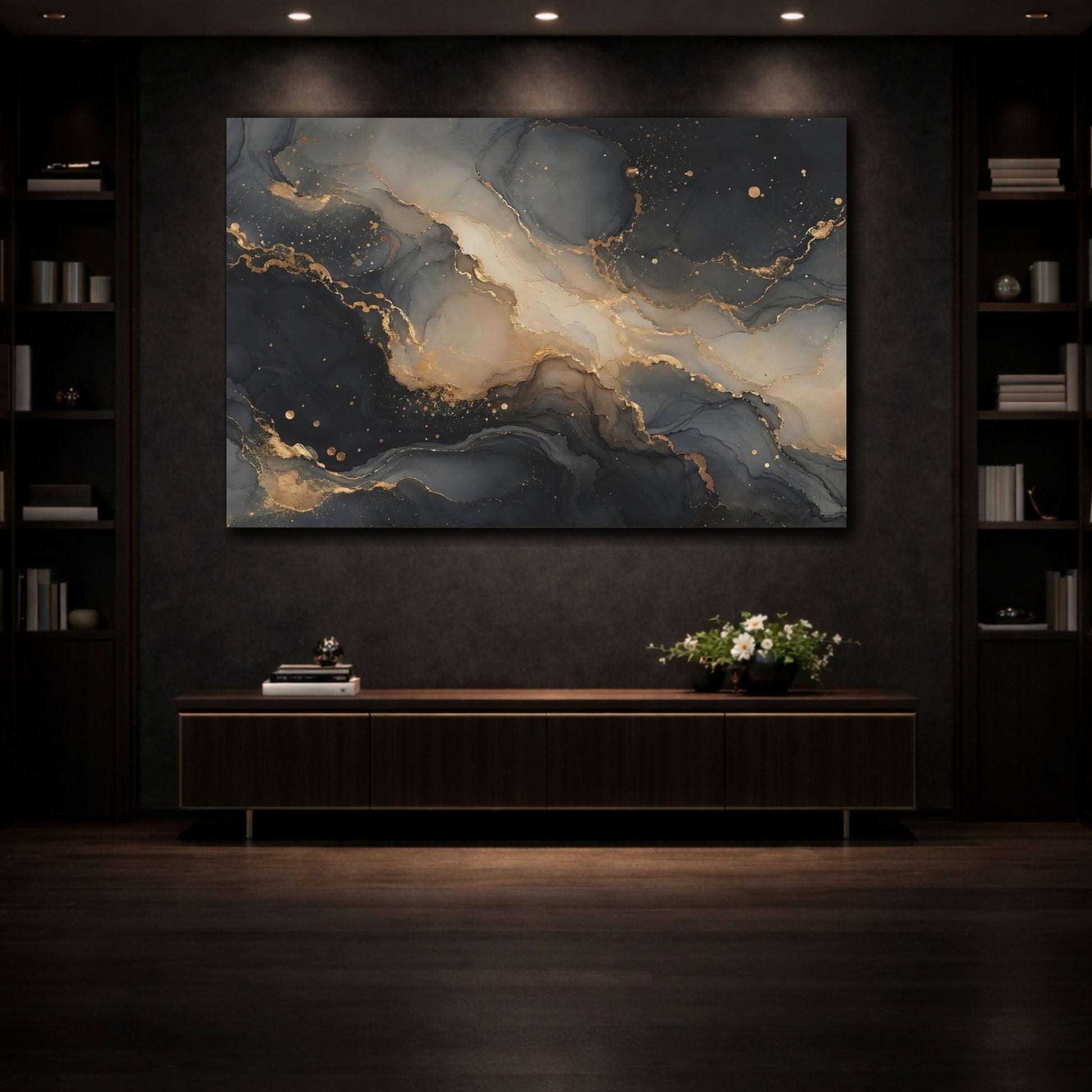 Mockup 3. Abstract Ink Flow Dark Gold Abstract shown as stretched canvas wall art