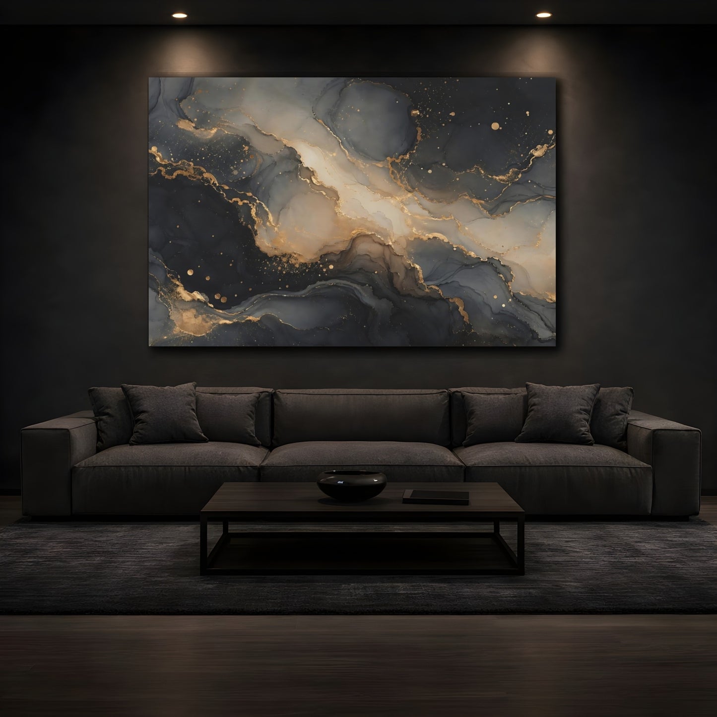 Mockup 4. Abstract Ink Flow Dark Gold Abstract shown as stretched canvas wall art