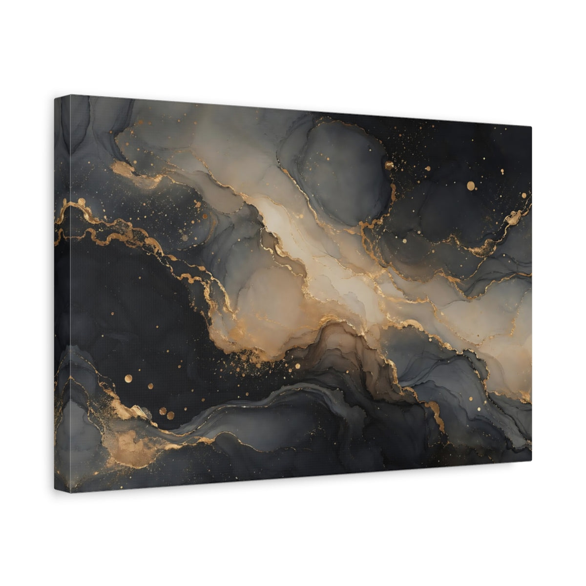 Side Mockup 4. Abstract Ink Flow Dark Gold Abstract shown as stretched canvas wall art