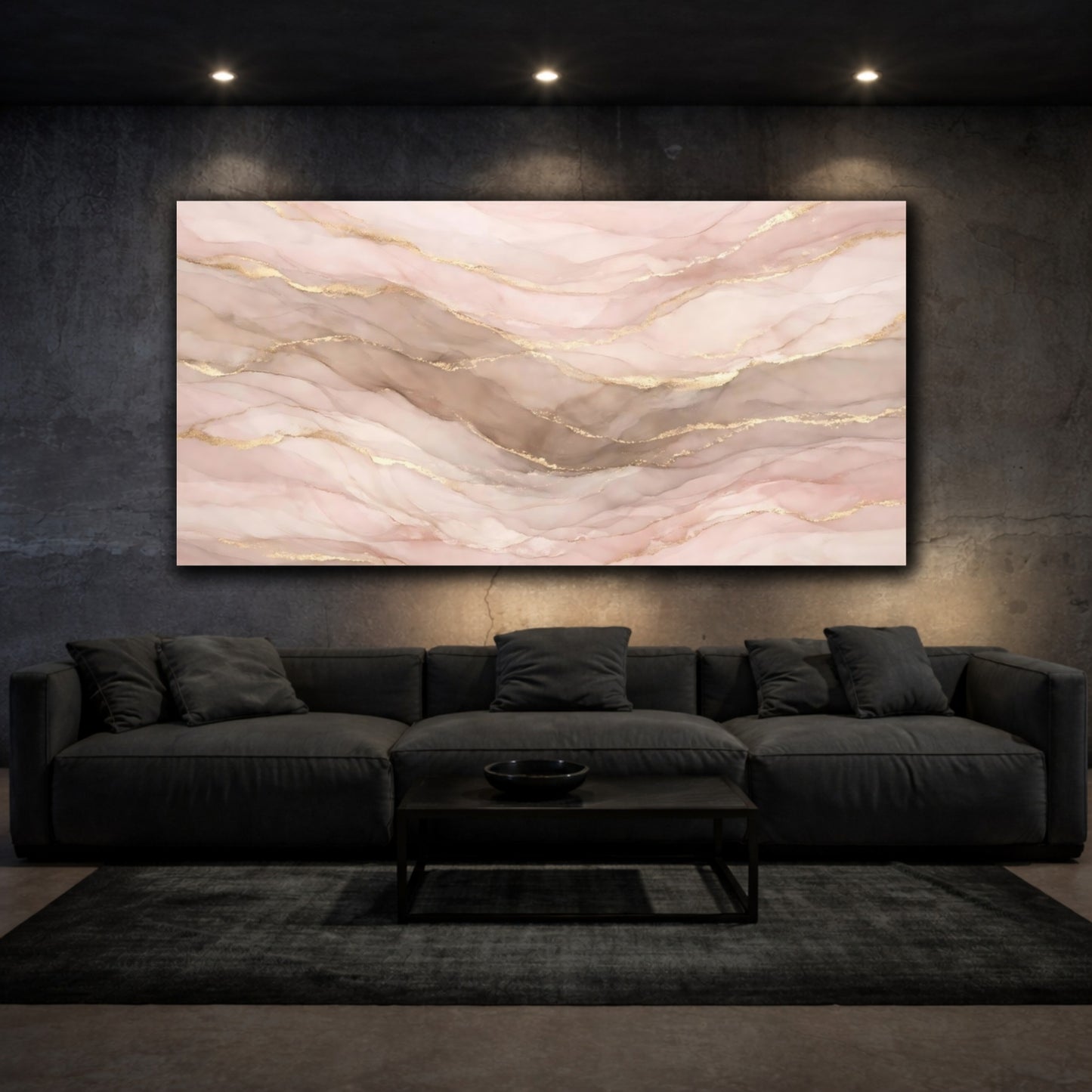 Mockup 2. Abstract Ink Flow Pink And Gold Abstract shown as stretched canvas wall art