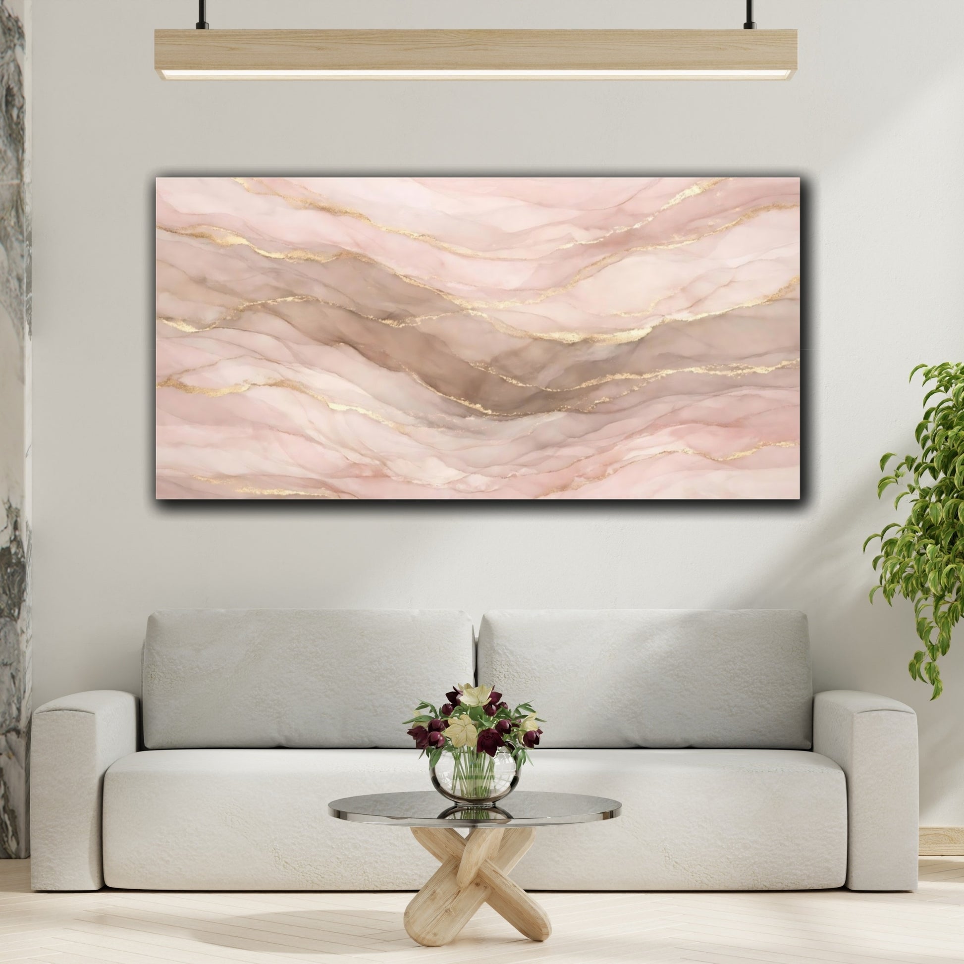 Mockup 3. Abstract Ink Flow Pink And Gold Abstract shown as stretched canvas wall art