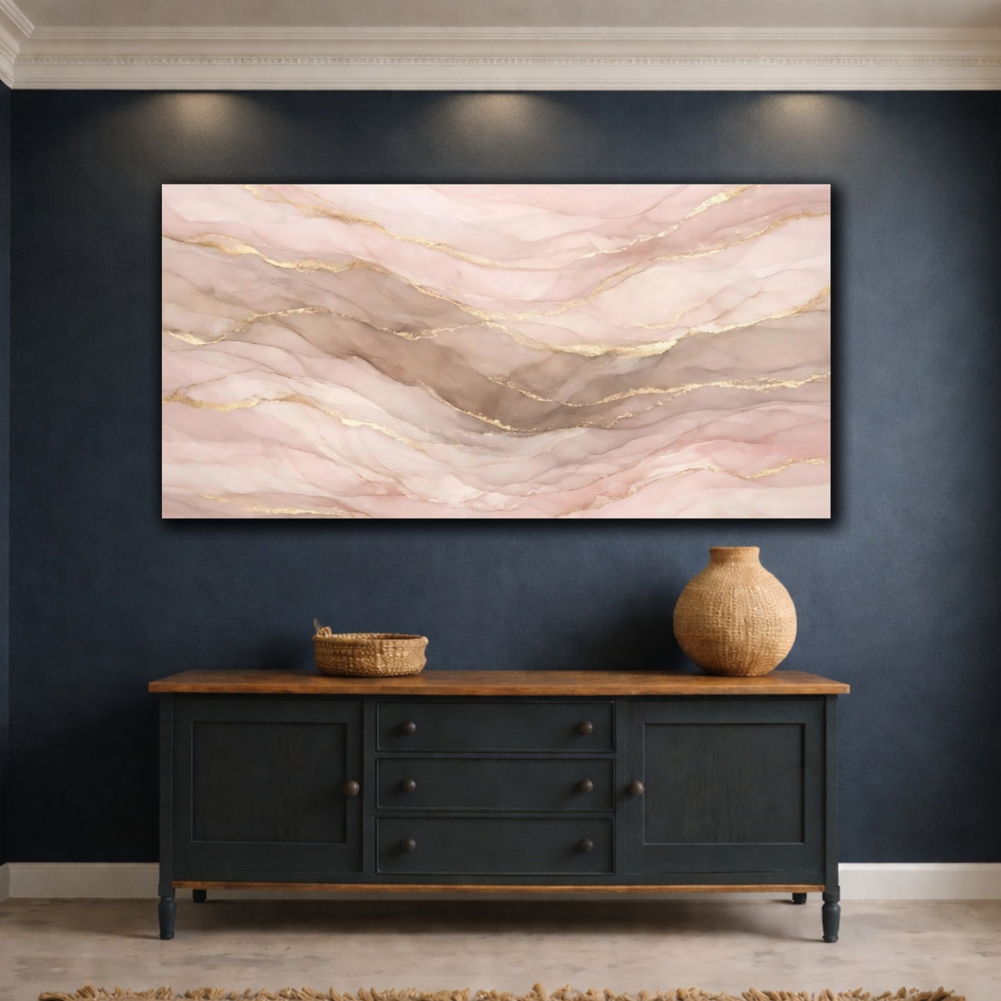 Mockup 4. Abstract Ink Flow Pink And Gold Abstract shown as stretched canvas wall art