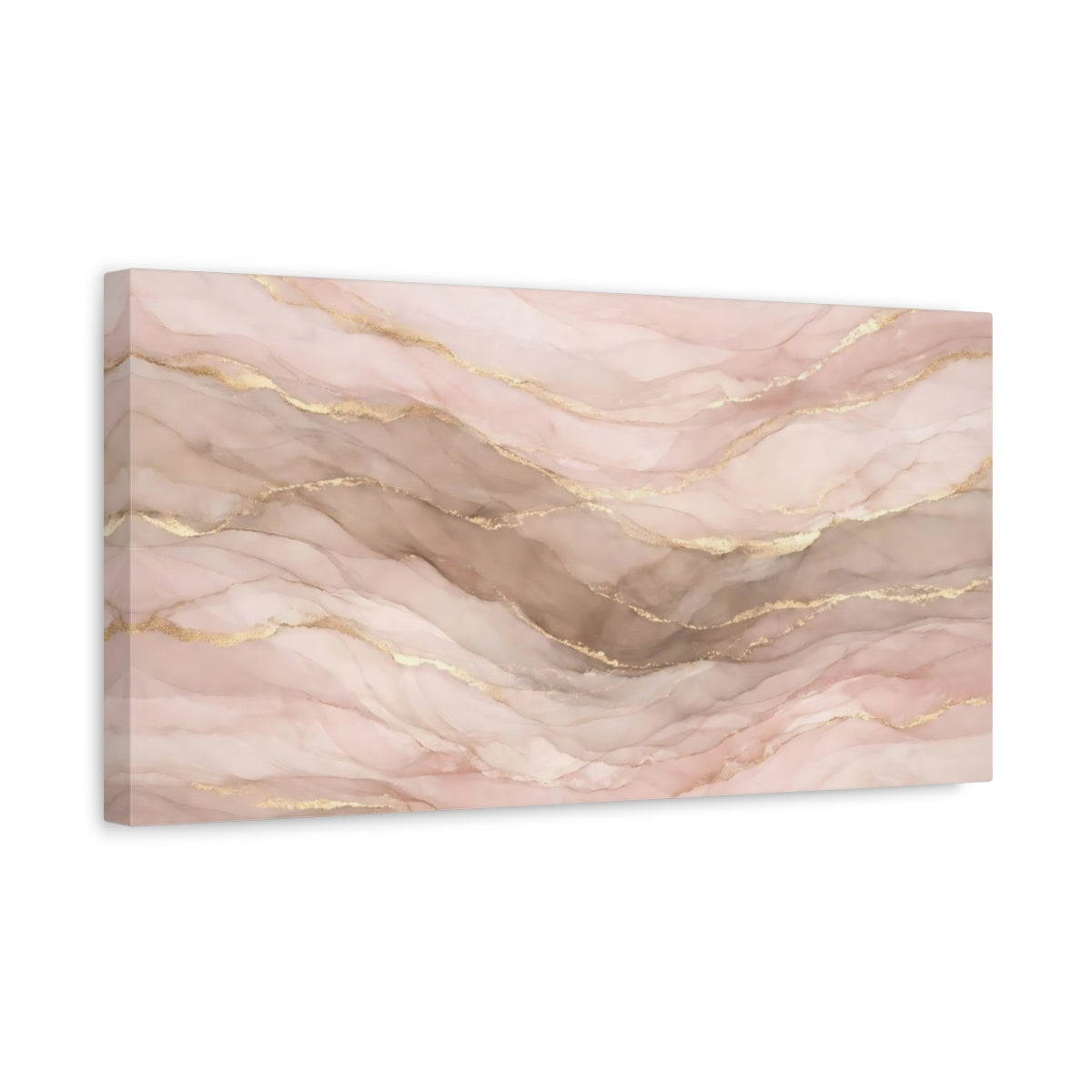 Side Mockup 3. Abstract Ink Flow Pink And Gold Abstract shown as stretched canvas wall art