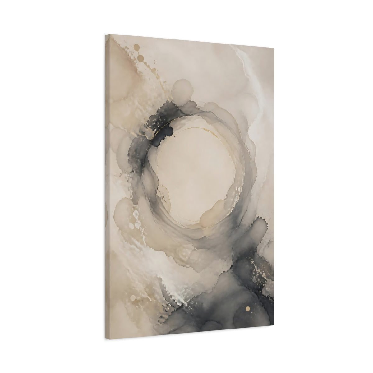 Main Mockup. Abstract Ink Swirl Beige And Grey Abstract shown as stretched canvas wall art
