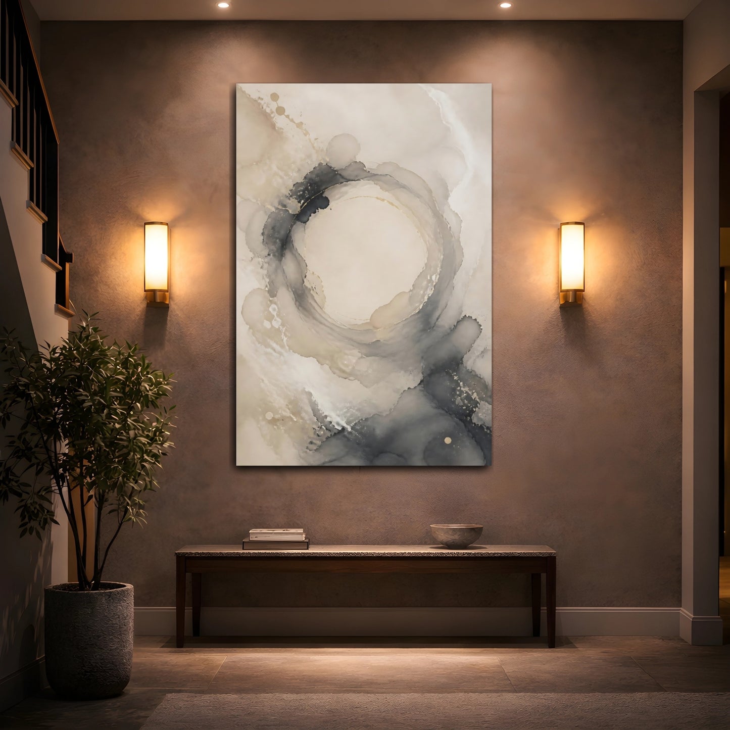 Mockup 2. Abstract Ink Swirl Beige And Grey Abstract shown as stretched canvas wall art