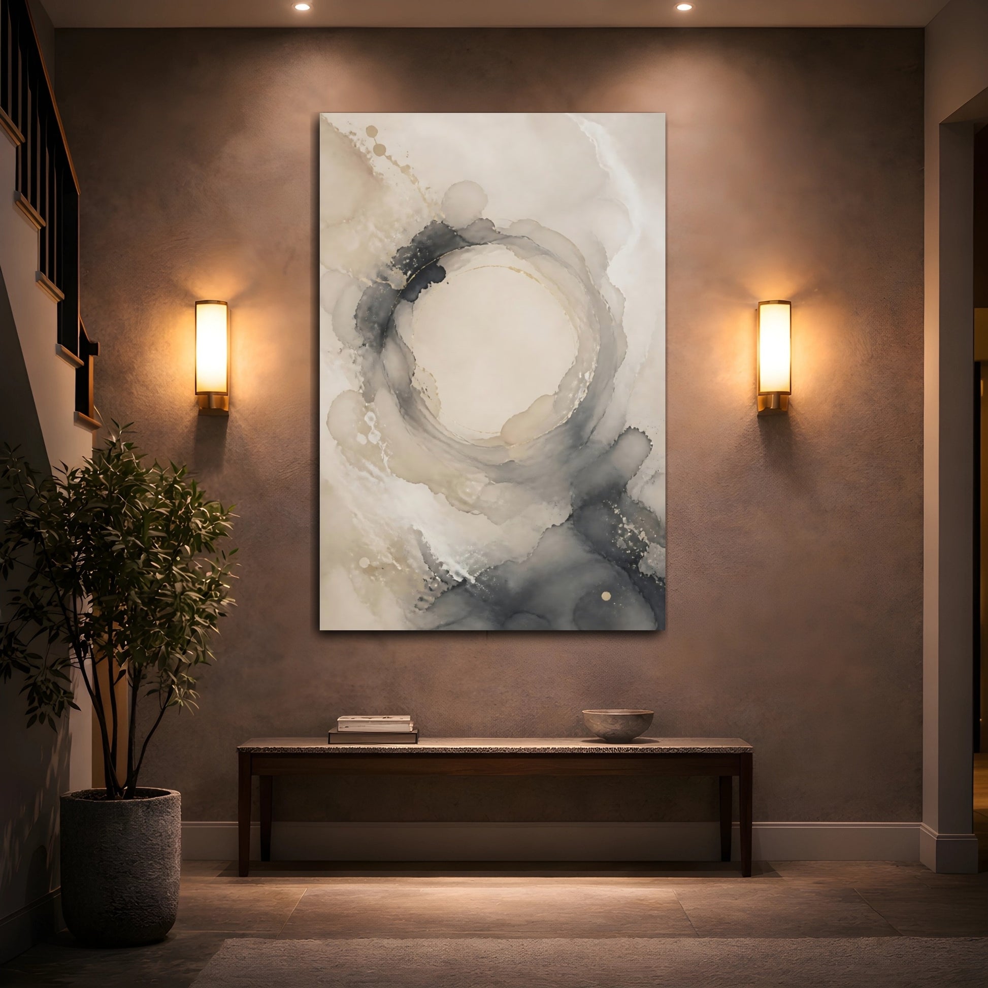 Mockup 2. Abstract Ink Swirl Beige And Grey Abstract shown as stretched canvas wall art