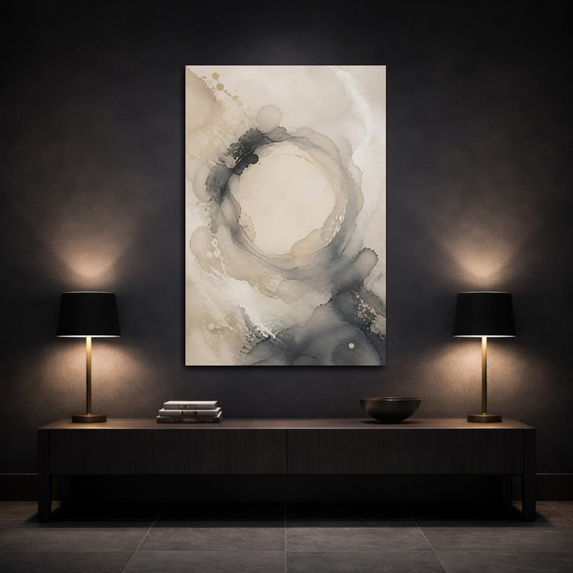 Mockup 3. Abstract Ink Swirl Beige And Grey Abstract shown as stretched canvas wall art