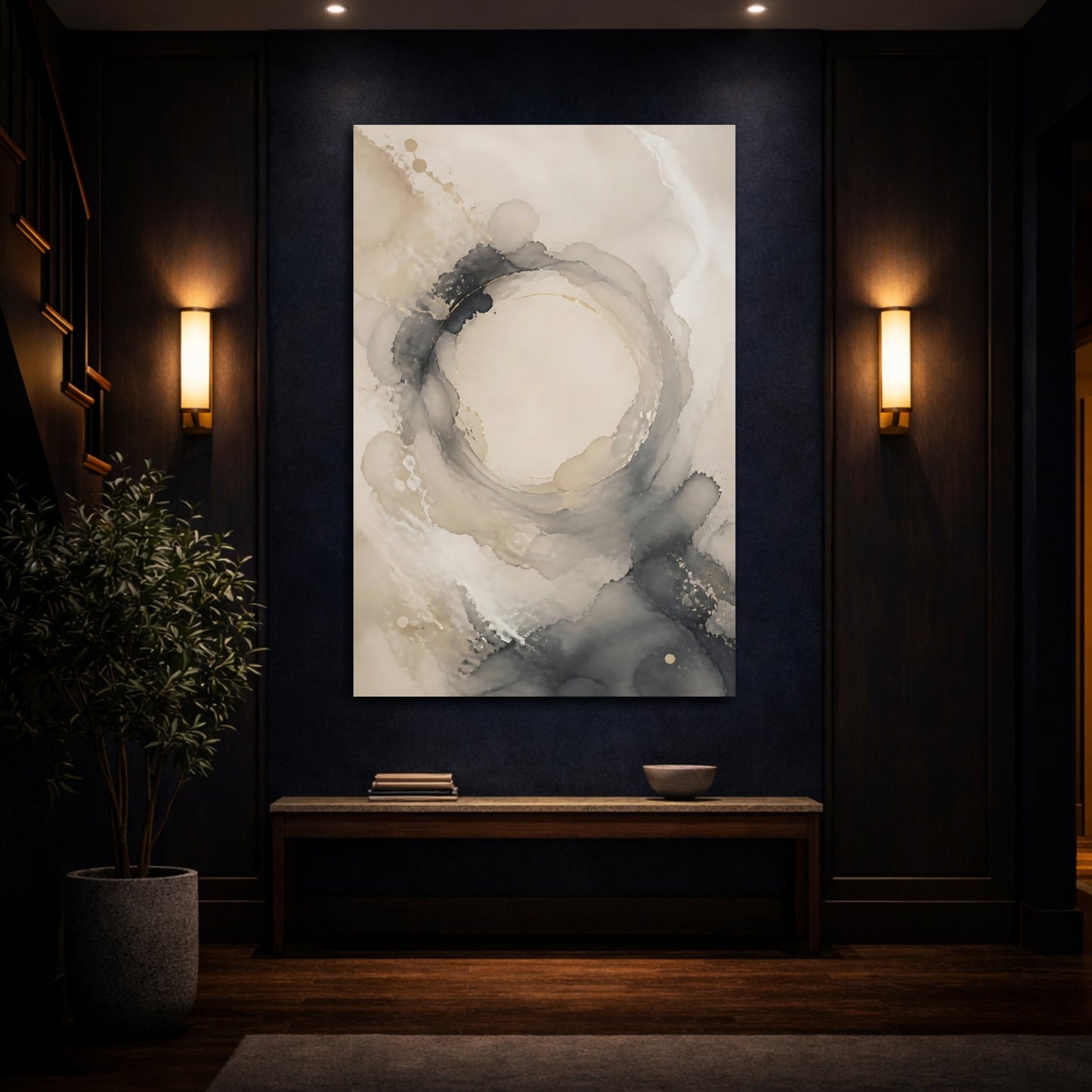 Mockup 4. Abstract Ink Swirl Beige And Grey Abstract shown as stretched canvas wall art