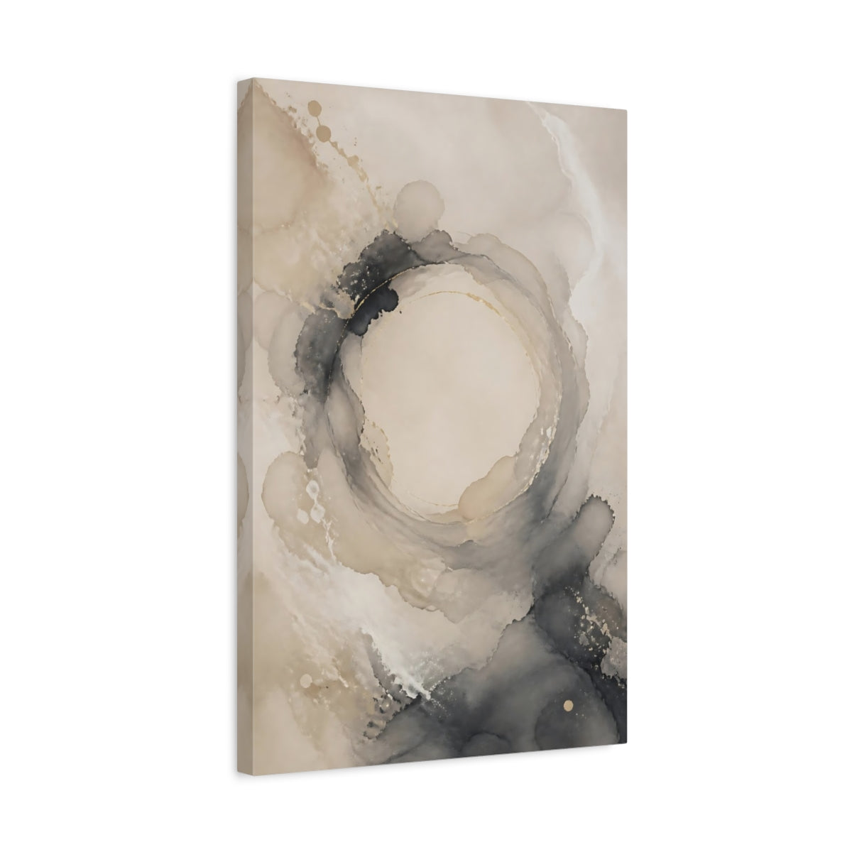Side Mockup 3. Abstract Ink Swirl Beige And Grey Abstract shown as stretched canvas wall art