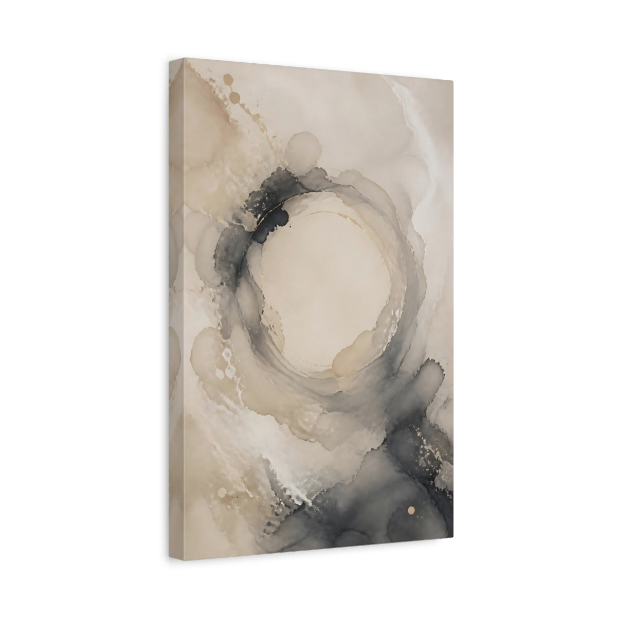 Side Mockup 4. Abstract Ink Swirl Beige And Grey Abstract shown as stretched canvas wall art