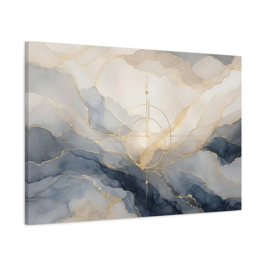 Main Mockup. Abstract Ink Swirls Blue Gold Abstract shown as stretched canvas wall art