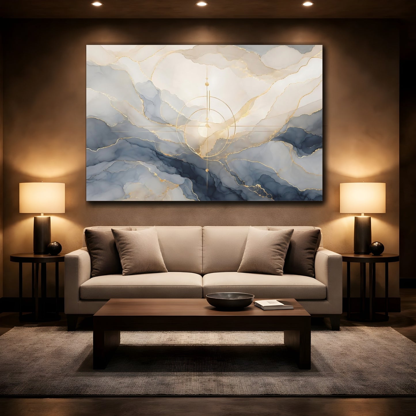 Mockup 2. Abstract Ink Swirls Blue Gold Abstract shown as stretched canvas wall art