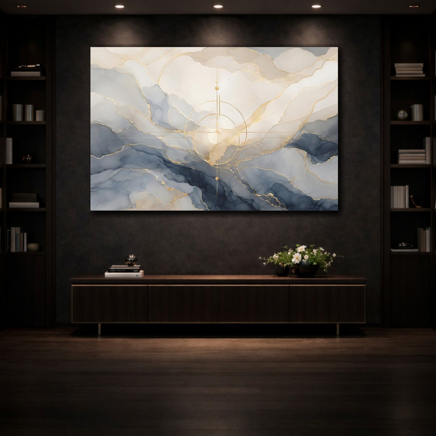 Mockup 3. Abstract Ink Swirls Blue Gold Abstract shown as stretched canvas wall art