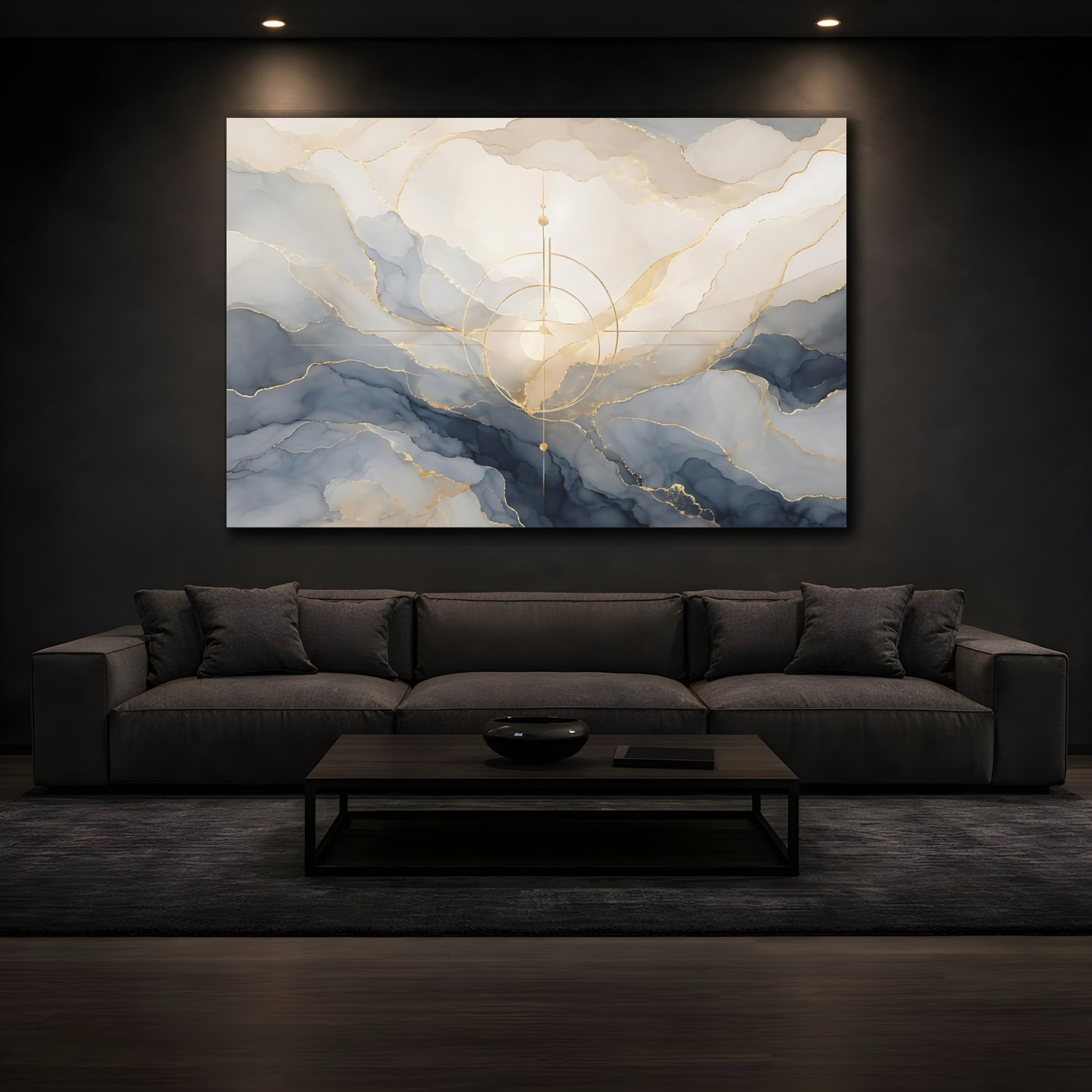 Mockup 4. Abstract Ink Swirls Blue Gold Abstract shown as stretched canvas wall art
