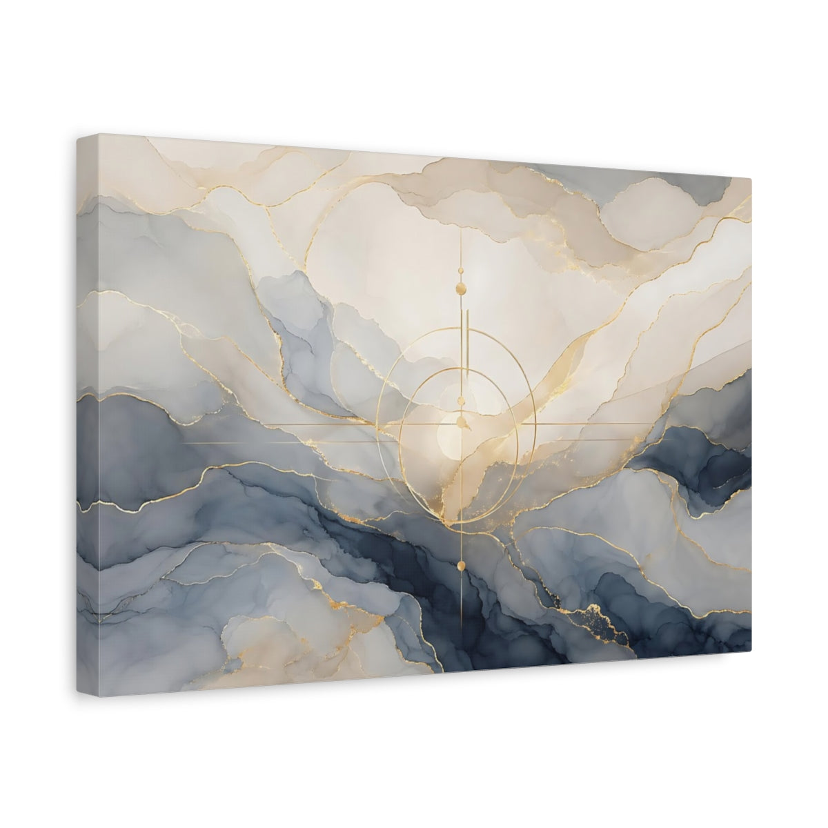 Side Mockup 4. Abstract Ink Swirls Blue Gold Abstract shown as stretched canvas wall art