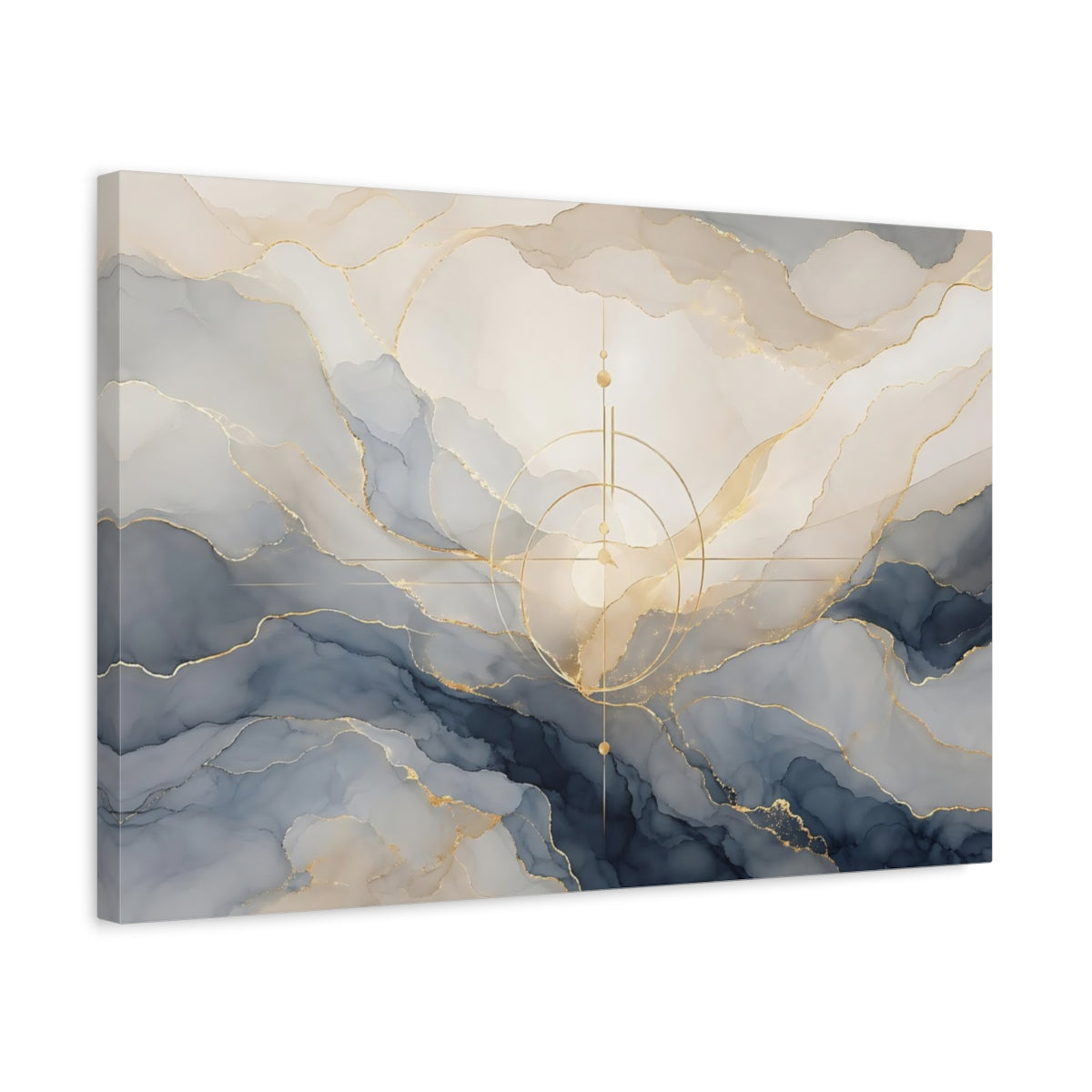 Side Mockup 3. Abstract Ink Swirls Blue Gold Abstract shown as stretched canvas wall art