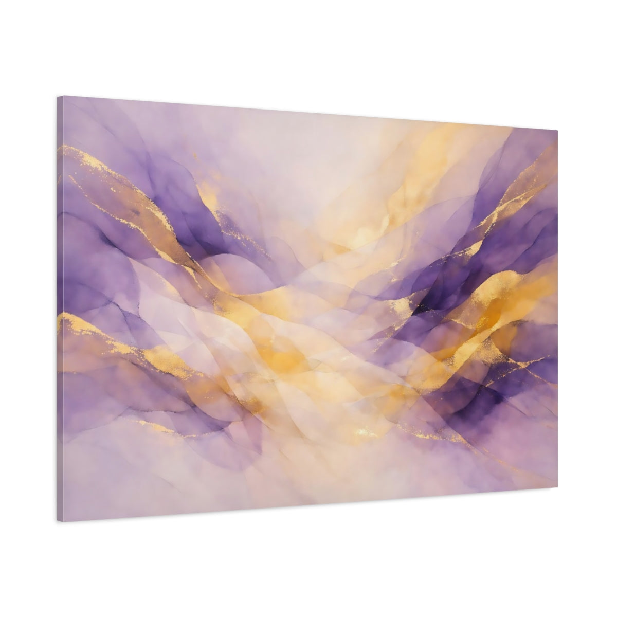 Main Mockup. Abstract Ink Waves Purple And Gold shown as stretched canvas wall art
