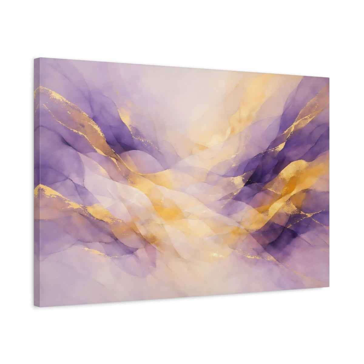 Side Mockup 2. Abstract Ink Waves Purple And Gold shown as stretched canvas wall art