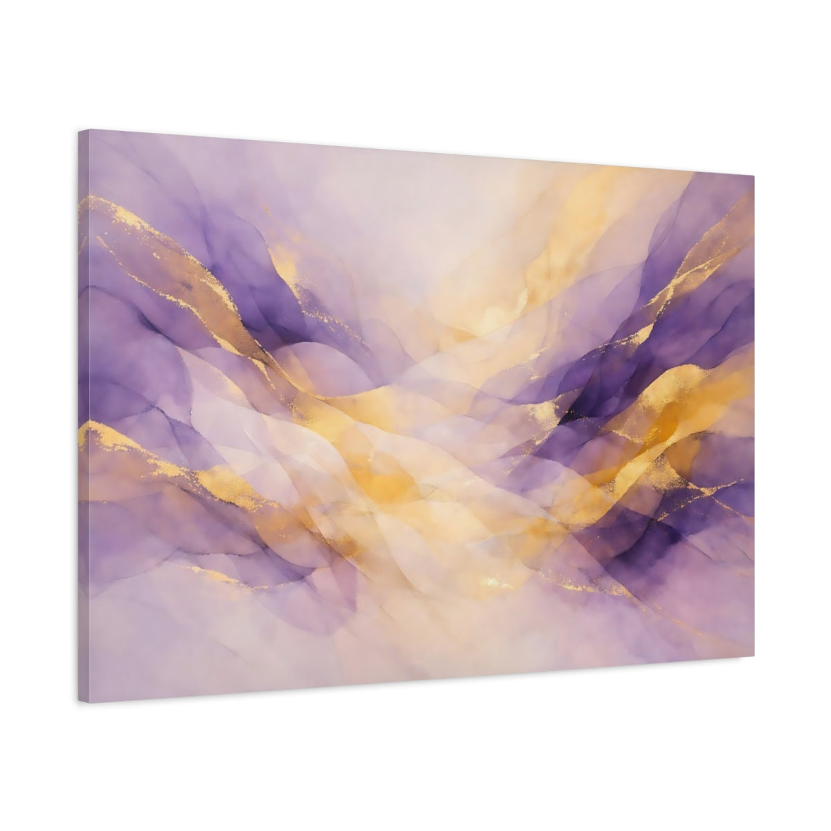 Side Mockup 1. Abstract Ink Waves Purple And Gold shown as stretched canvas wall art