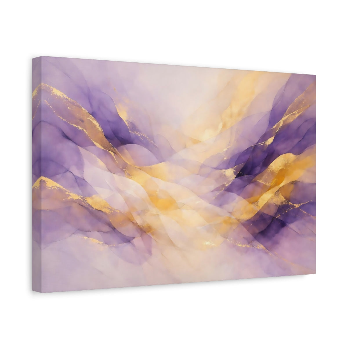 Side Mockup 4. Abstract Ink Waves Purple And Gold shown as stretched canvas wall art