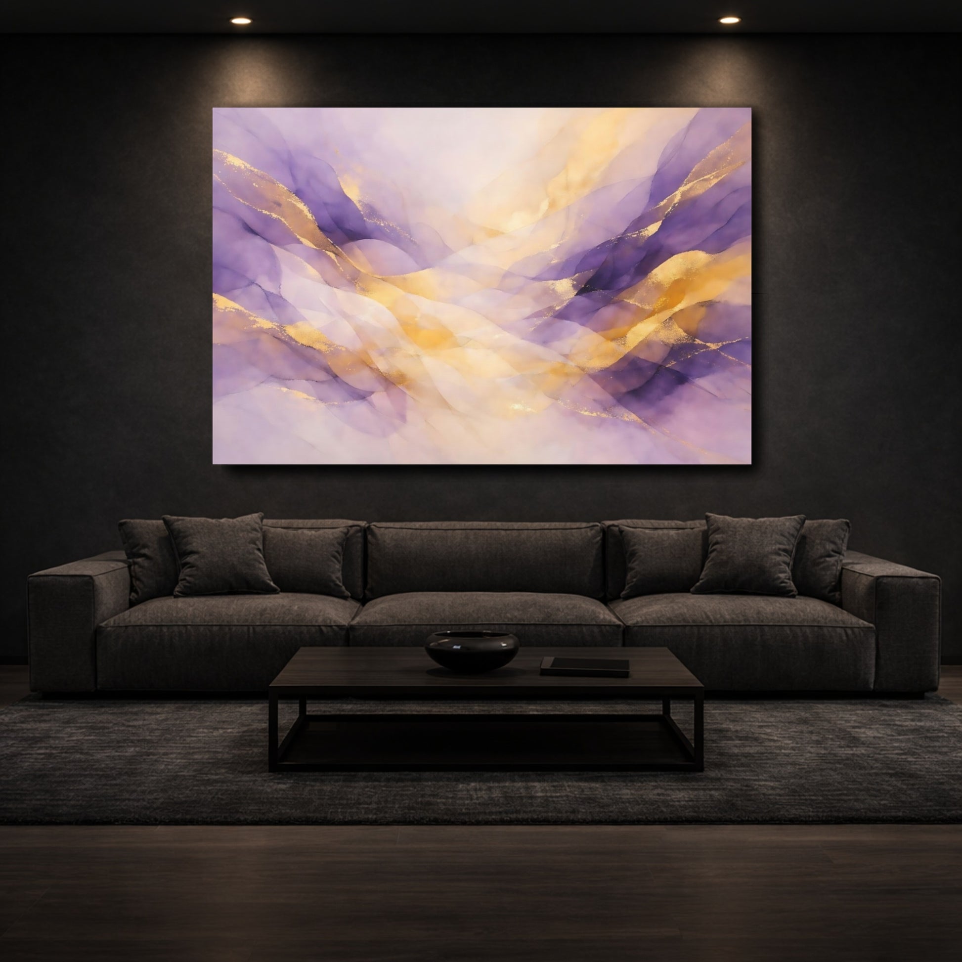 Mockup 2. Abstract Ink Waves Purple And Gold shown as stretched canvas wall art