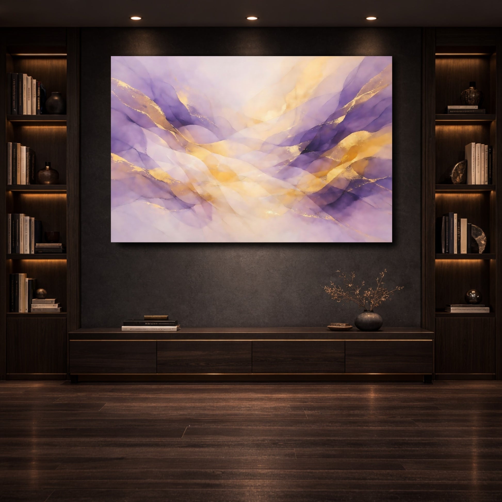 Mockup 3. Abstract Ink Waves Purple And Gold shown as stretched canvas wall art