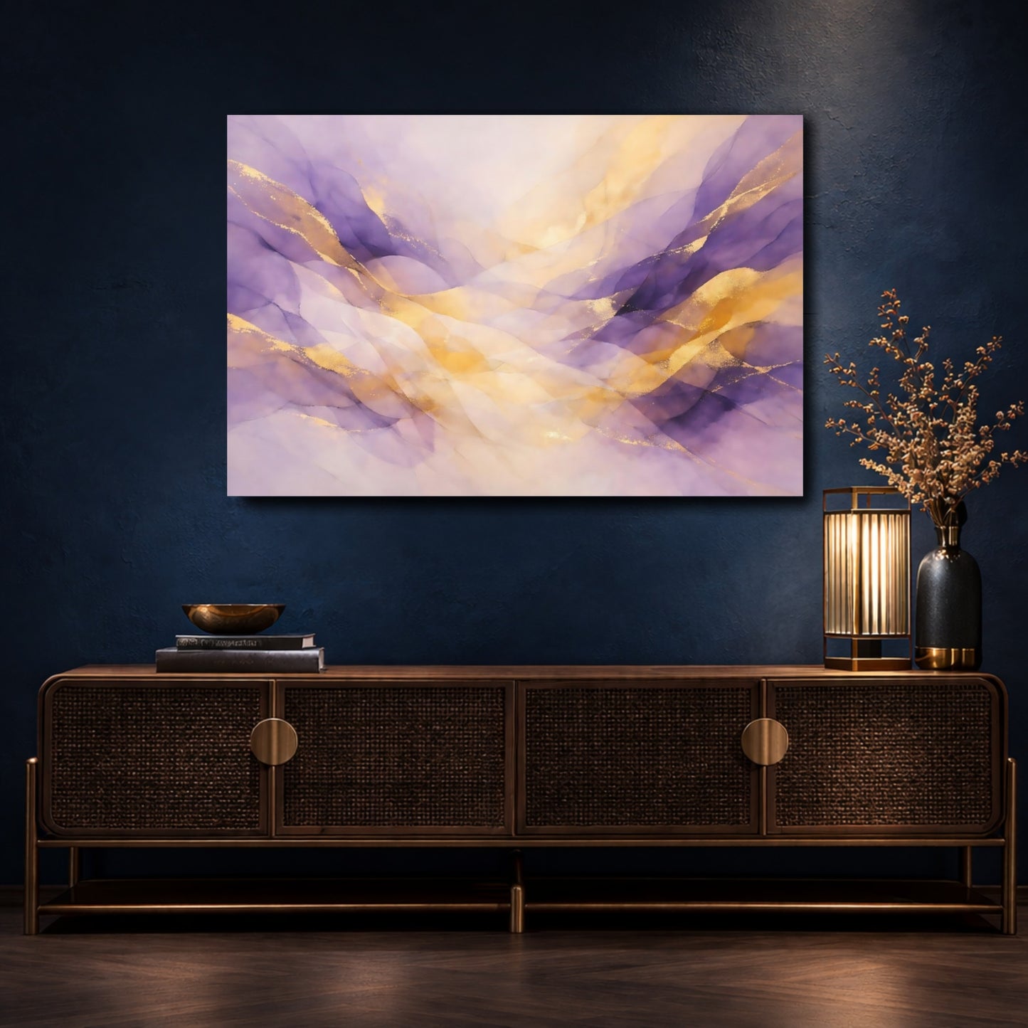 Mockup 4. Abstract Ink Waves Purple And Gold shown as stretched canvas wall art